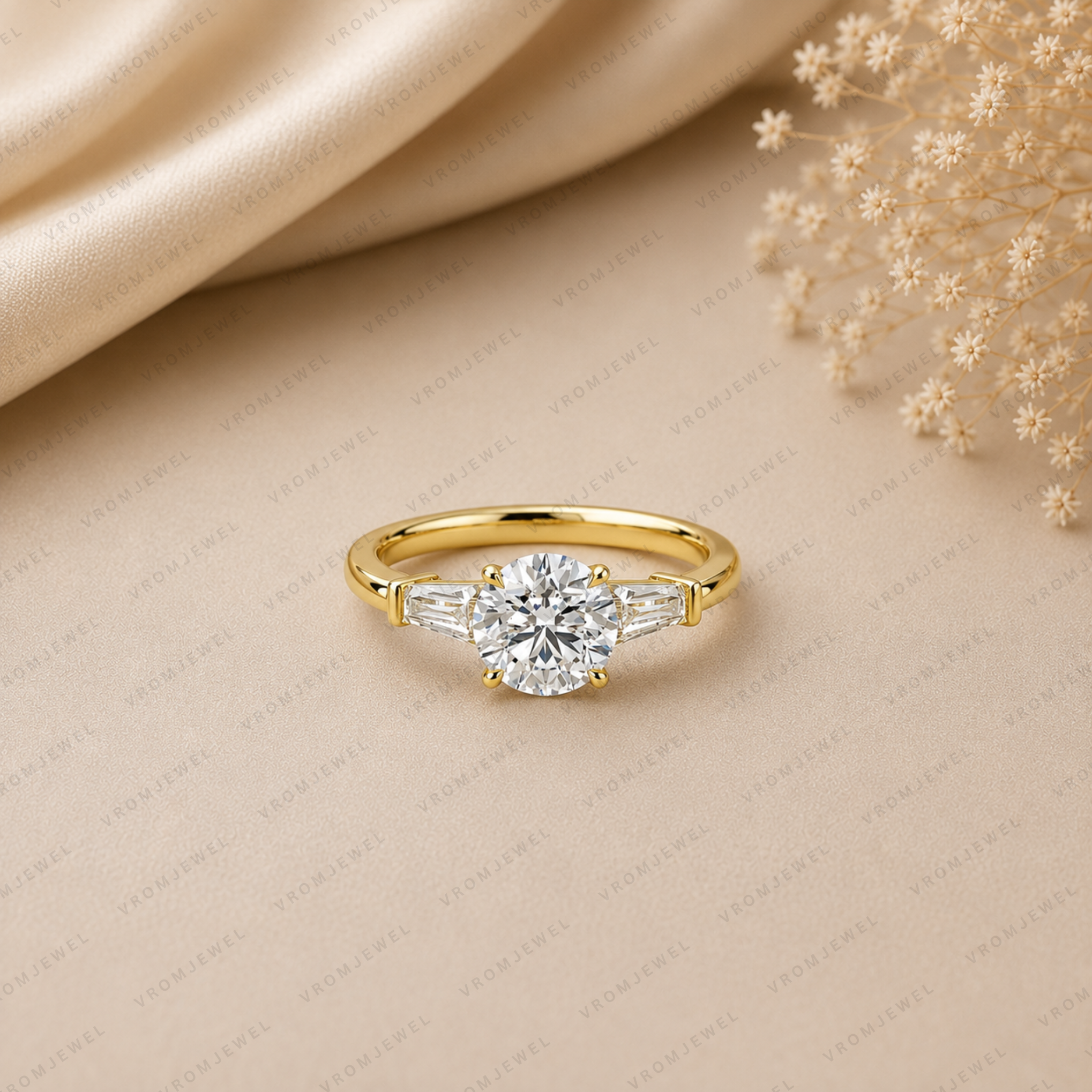 Round Engagement Ring | Lab Grown Diamond | Tapered Baguette Side Stones | 14K Yellow Gold