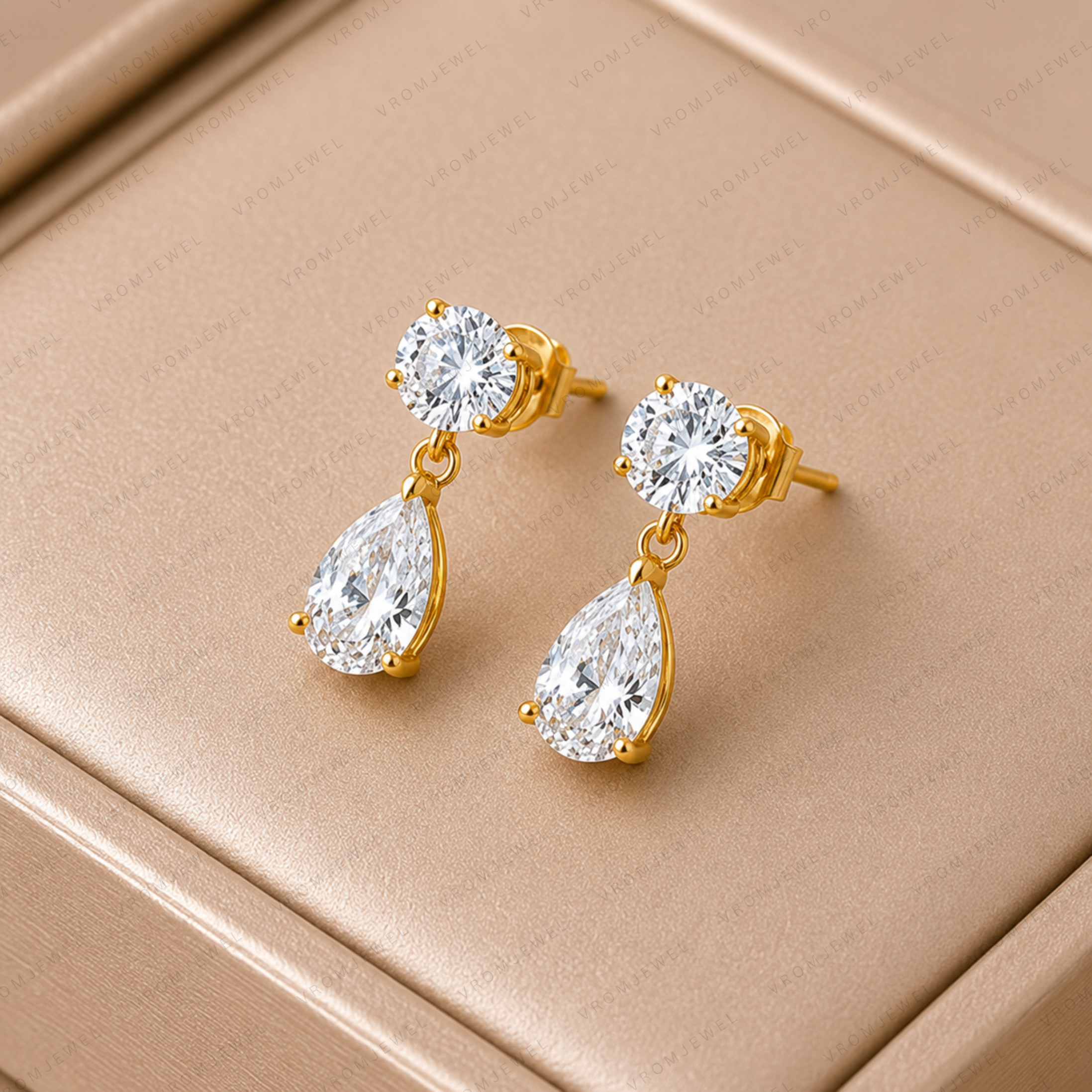 Round & Pear Cut Lab Grown Diamond Two Stone Earrings in Solid 14K Gold