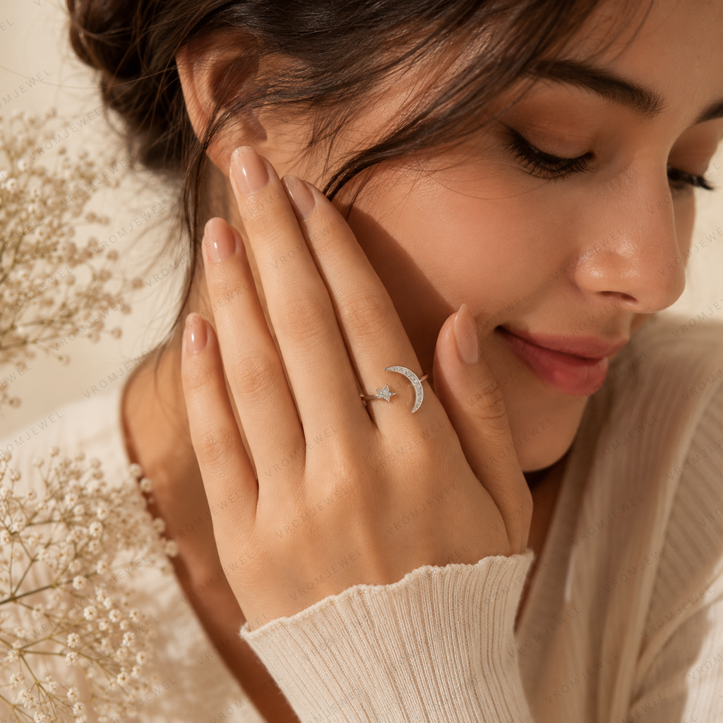 Moon and Star Lab Grown Diamond Ring, Celestial Diamond Ring, Crescent Moon Ring, Star Ring, Solid Gold Open Ring, Minimalist Promise Ring