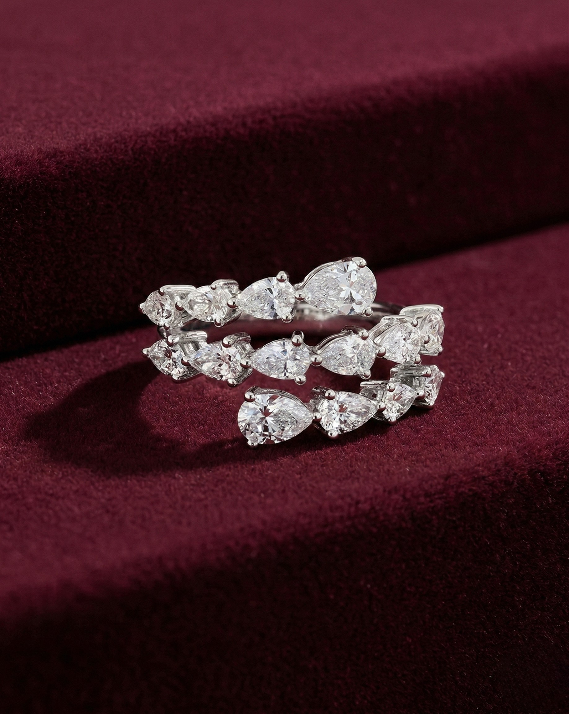 Triple Row Pear Lab Grown Diamond Ring, Pear Diamond Statement Ring, 2.28 Carat Pear Diamond Band, Unique Pear Diamond Anniversary Ring