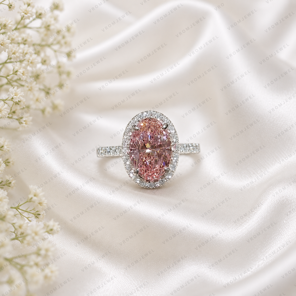 Pink Oval Lab Grown Diamond Engagement Ring, 2.50 Carat Pink Diamond Ring, Oval Halo Ring, Pave Diamond Band, Vintage Inspired Ring, 10K 14K