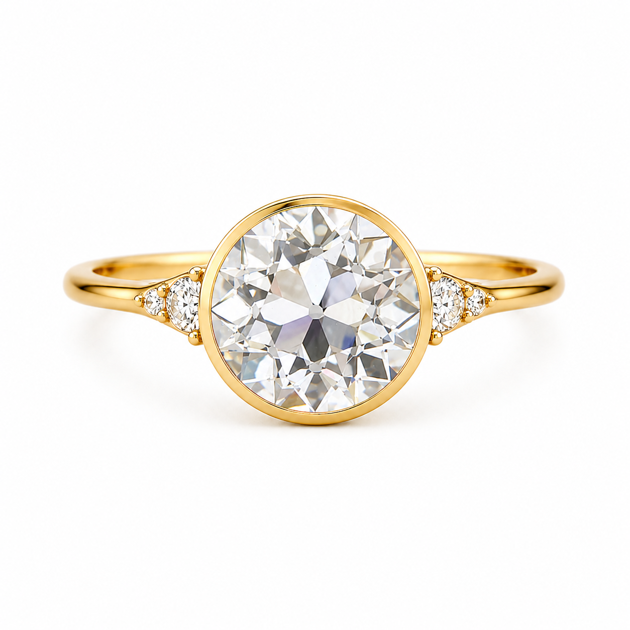 Old European Cut Lab Grown Diamond Ring | 2 CT | Vintage Style with Side Accents | Bezel Engagement Ring | 14K Gold