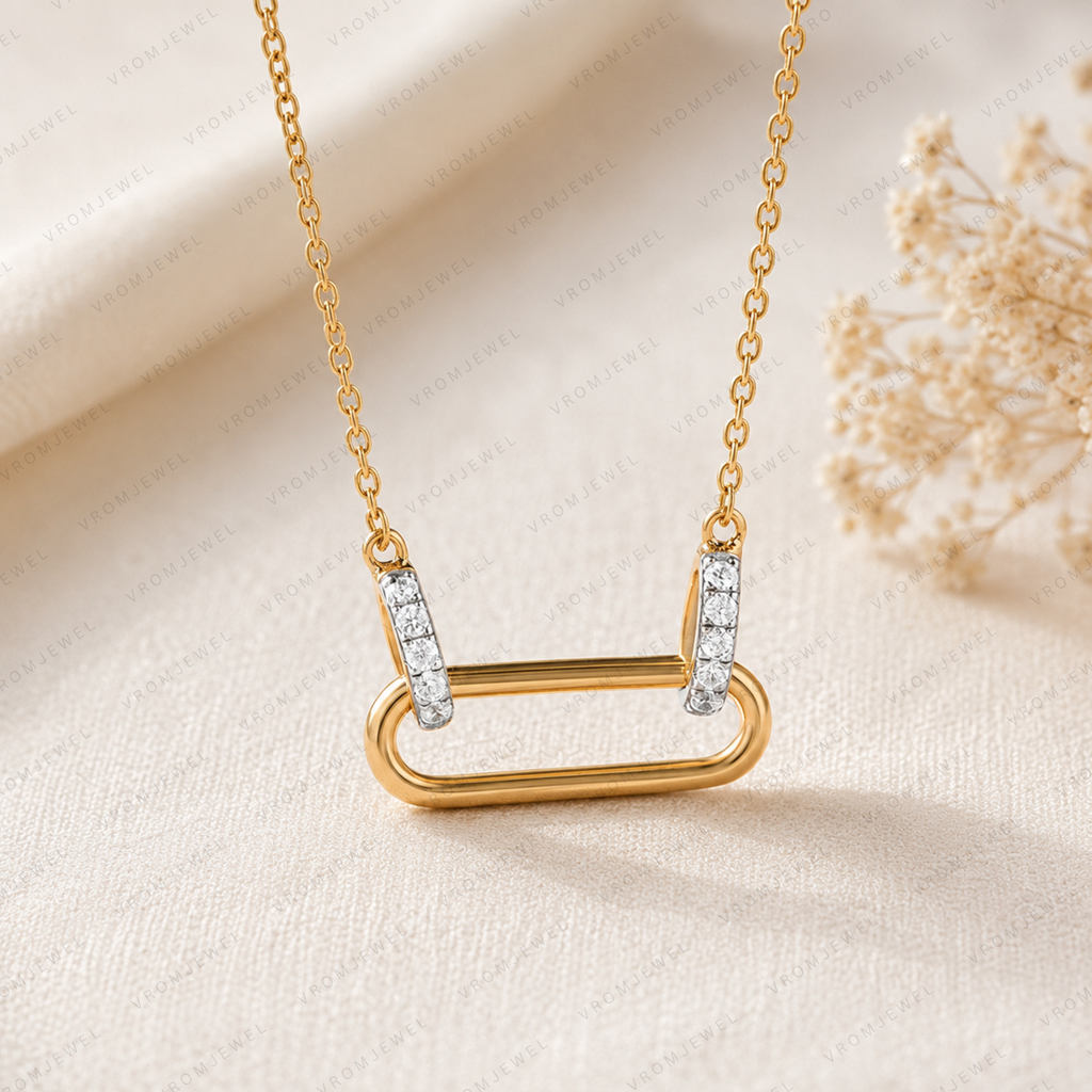 Geometric Link Necklace, Lab Grown Diamond Link Pendant, Paperclip Style Necklace, Solid Gold Necklace, Modern Minimalist Necklace