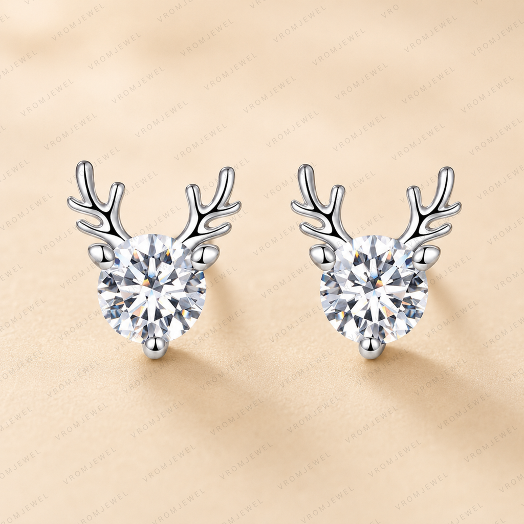 Little Deer Blue Lab Grown Diamond Stud Earrings, Round Blue Diamond Earrings, Deer Antler Gold Studs, Animal Inspired Earrings