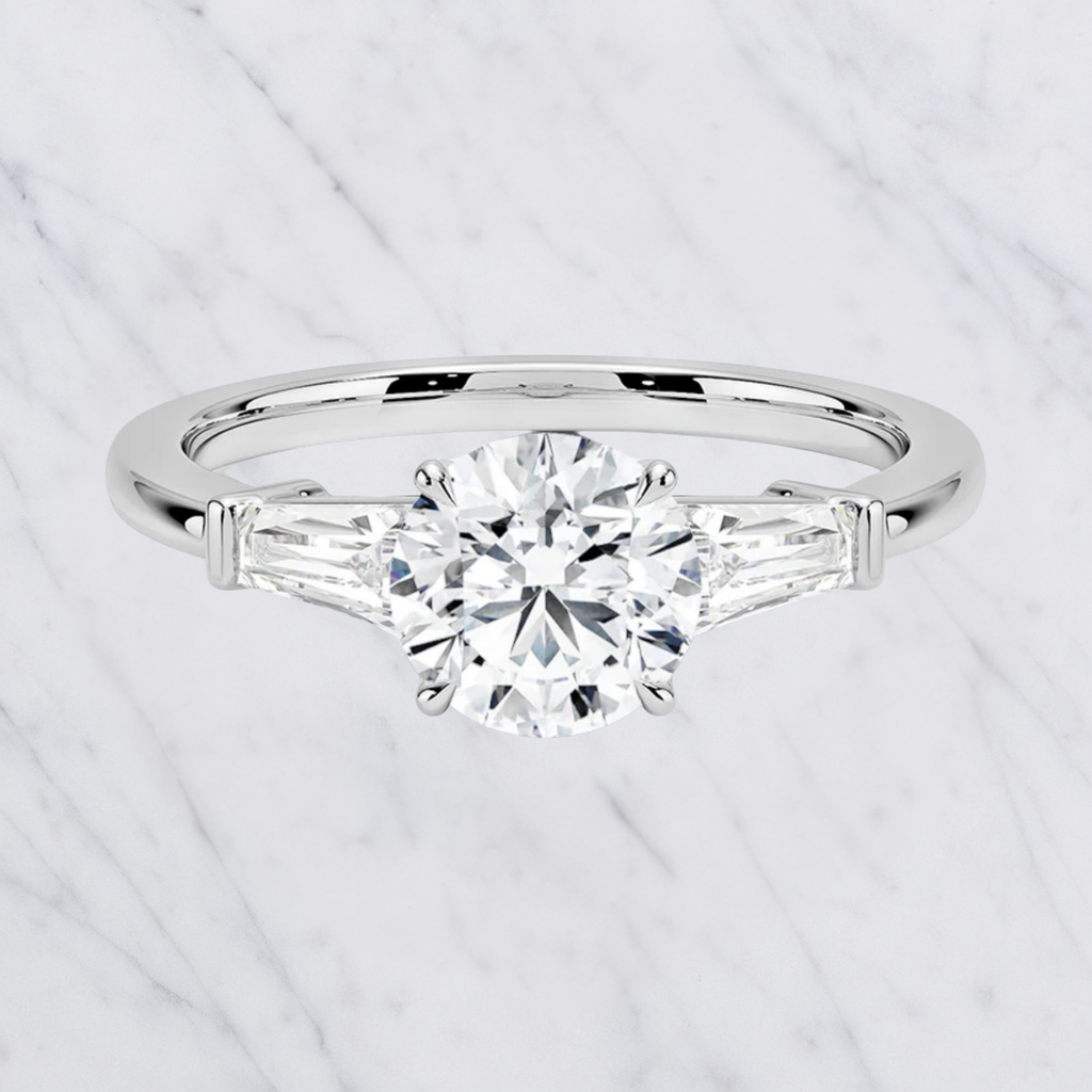 Round Engagement Ring | Lab Grown Diamond | Tapered Baguette Side Stones | 14K Yellow Gold