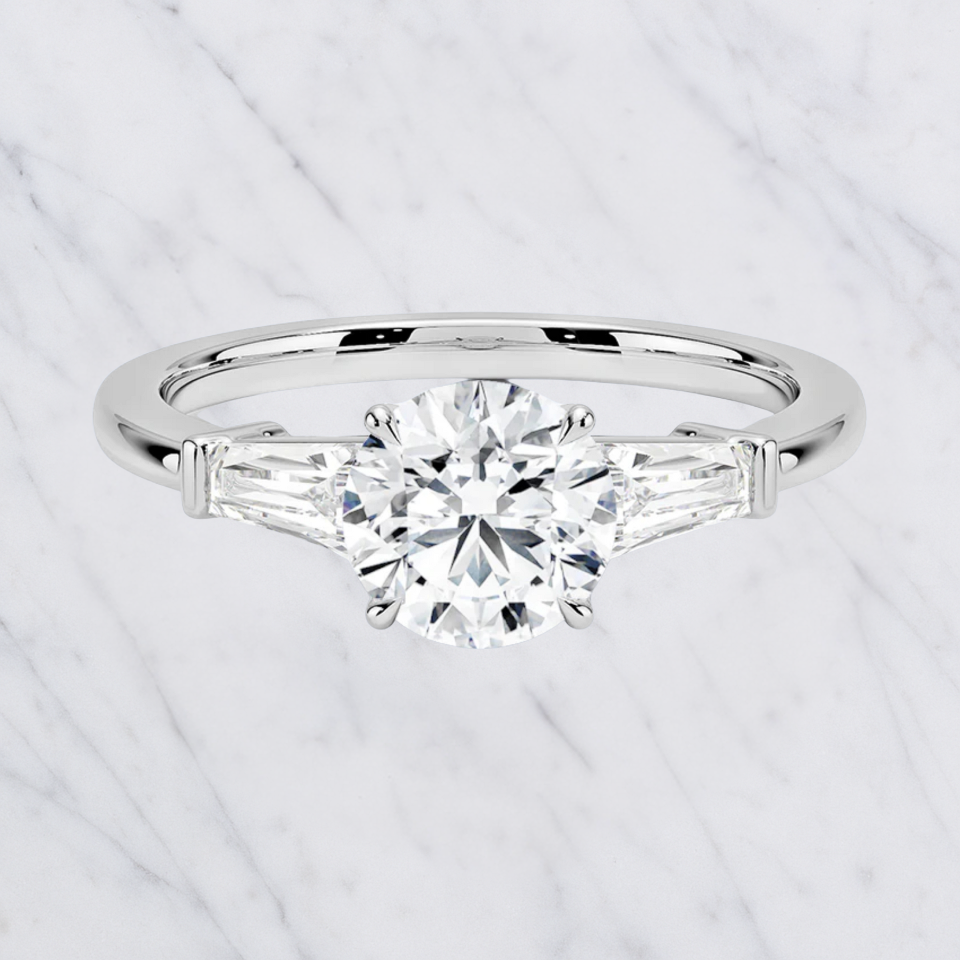 Round Engagement Ring | Lab Grown Diamond | Tapered Baguette Side Stones | 14K Yellow Gold