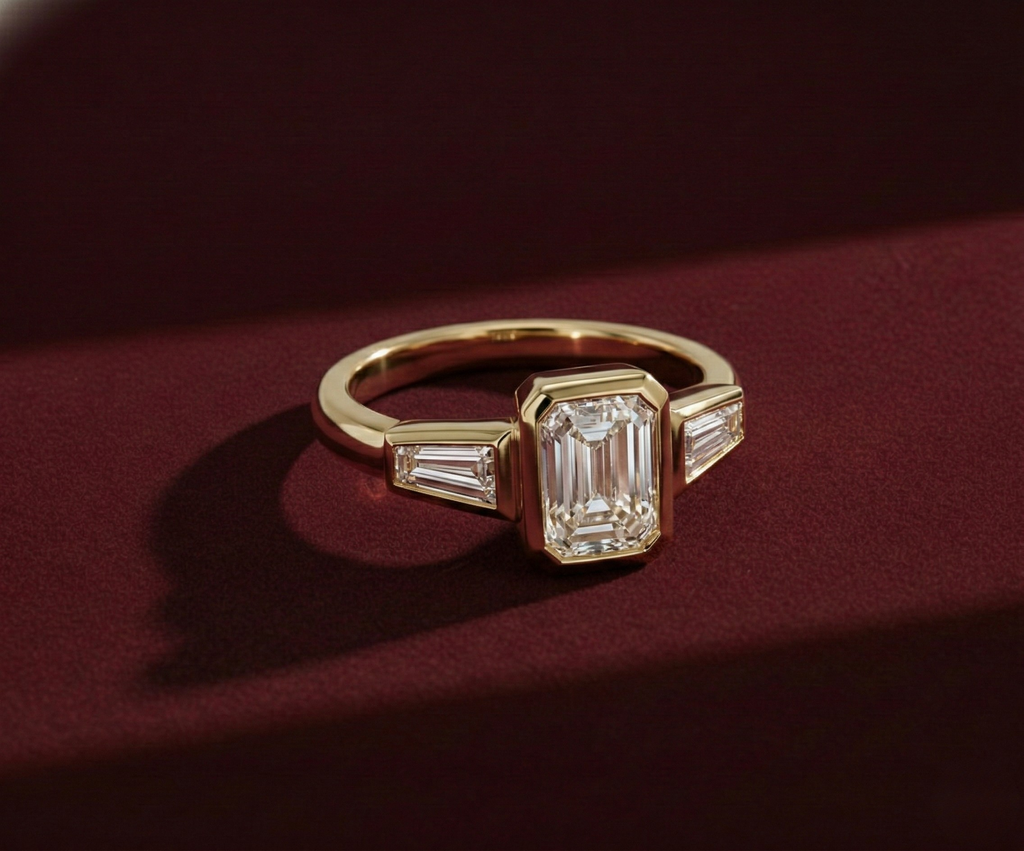 Emerald Cut Lab Grown Diamond Engagement Ring, Tapered Baguette Three Stone Ring, 14K Yellow Gold Bezel Set Ring, IGI Certified