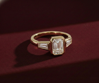 Emerald Cut Lab Grown Diamond Engagement Ring, Tapered Baguette Three Stone Ring, 14K Yellow Gold Bezel Set Ring, IGI Certified