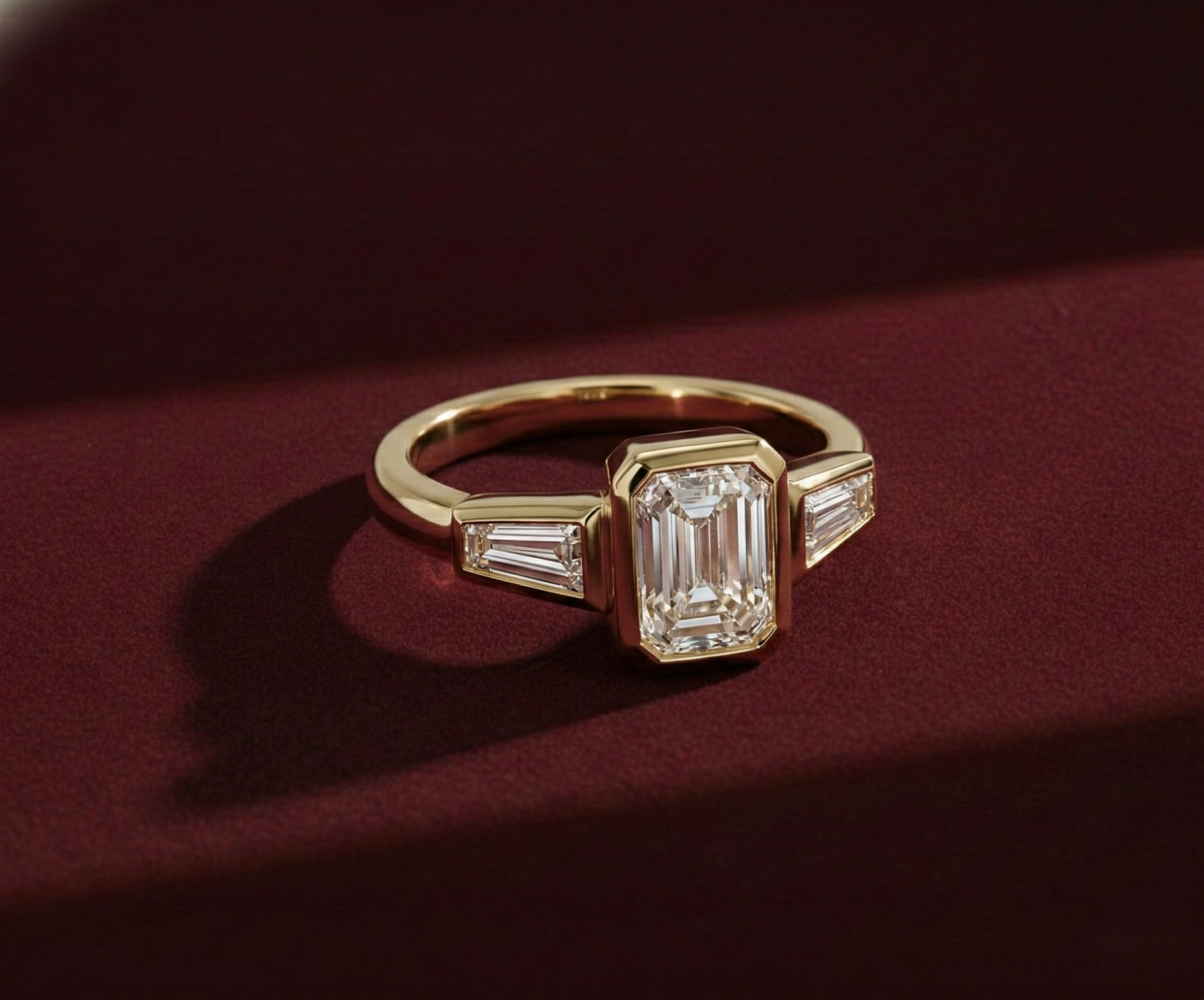 Emerald Cut Lab Grown Diamond Engagement Ring, Tapered Baguette Three Stone Ring, 14K Yellow Gold Bezel Set Ring, IGI Certified