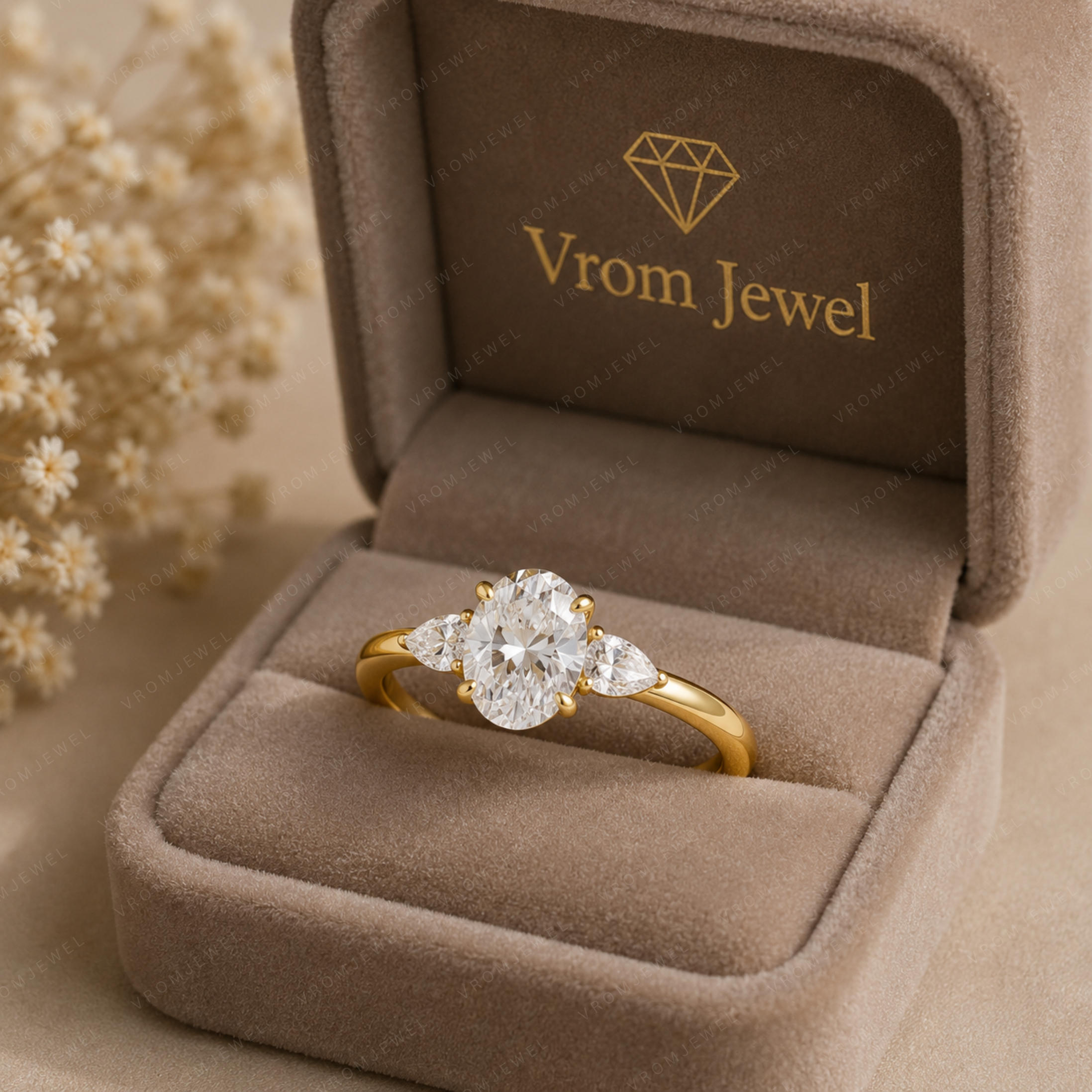 Oval Lab Grown Diamond Engagement Ring with Pear Side Stones in Solid 14K Gold