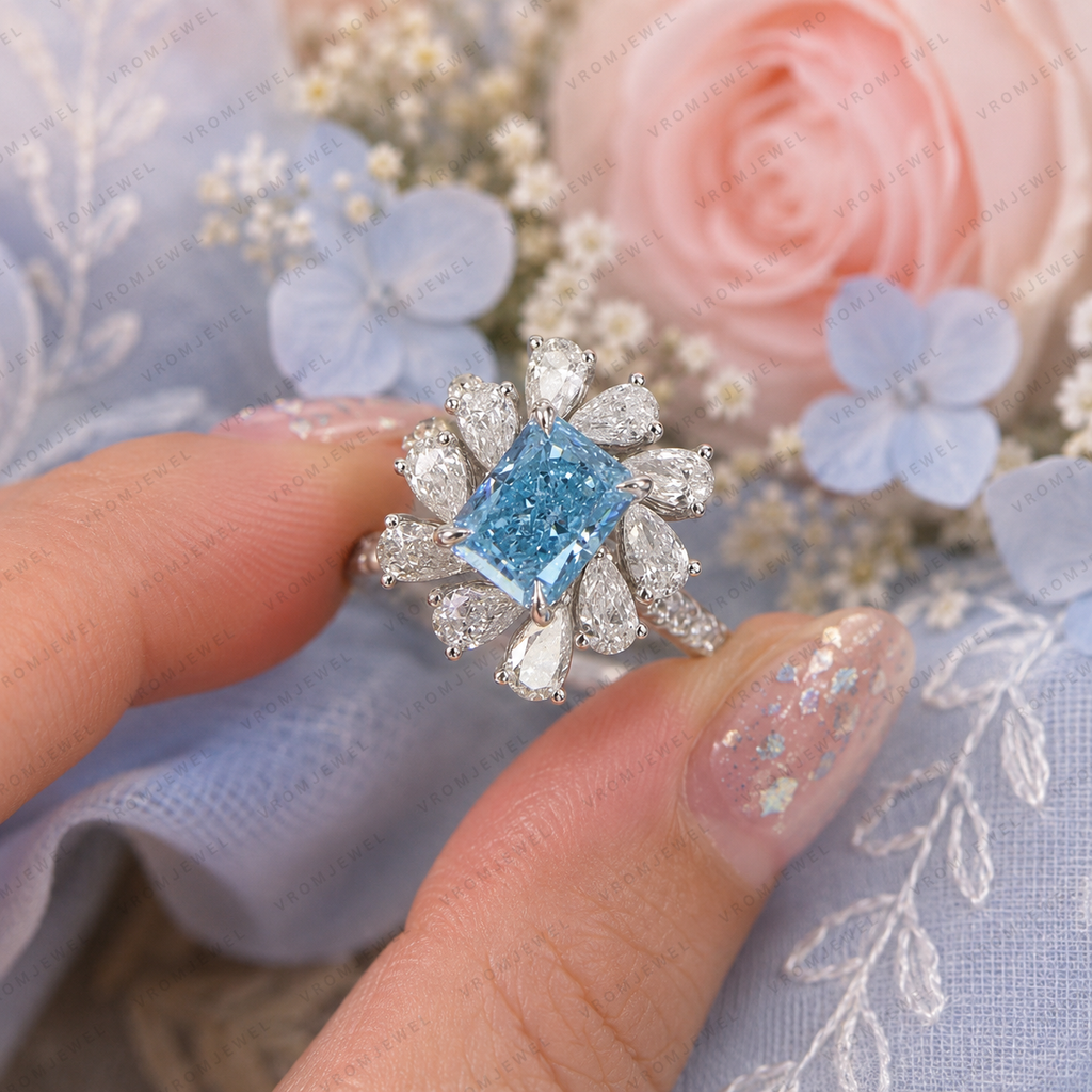 Blue Radiant Lab Grown Diamond Engagement Ring, 1.50 Carat Blue Diamond Ring, Pear Shape Diamond Halo, Floral Engagement Ring, 10K 14K 18K