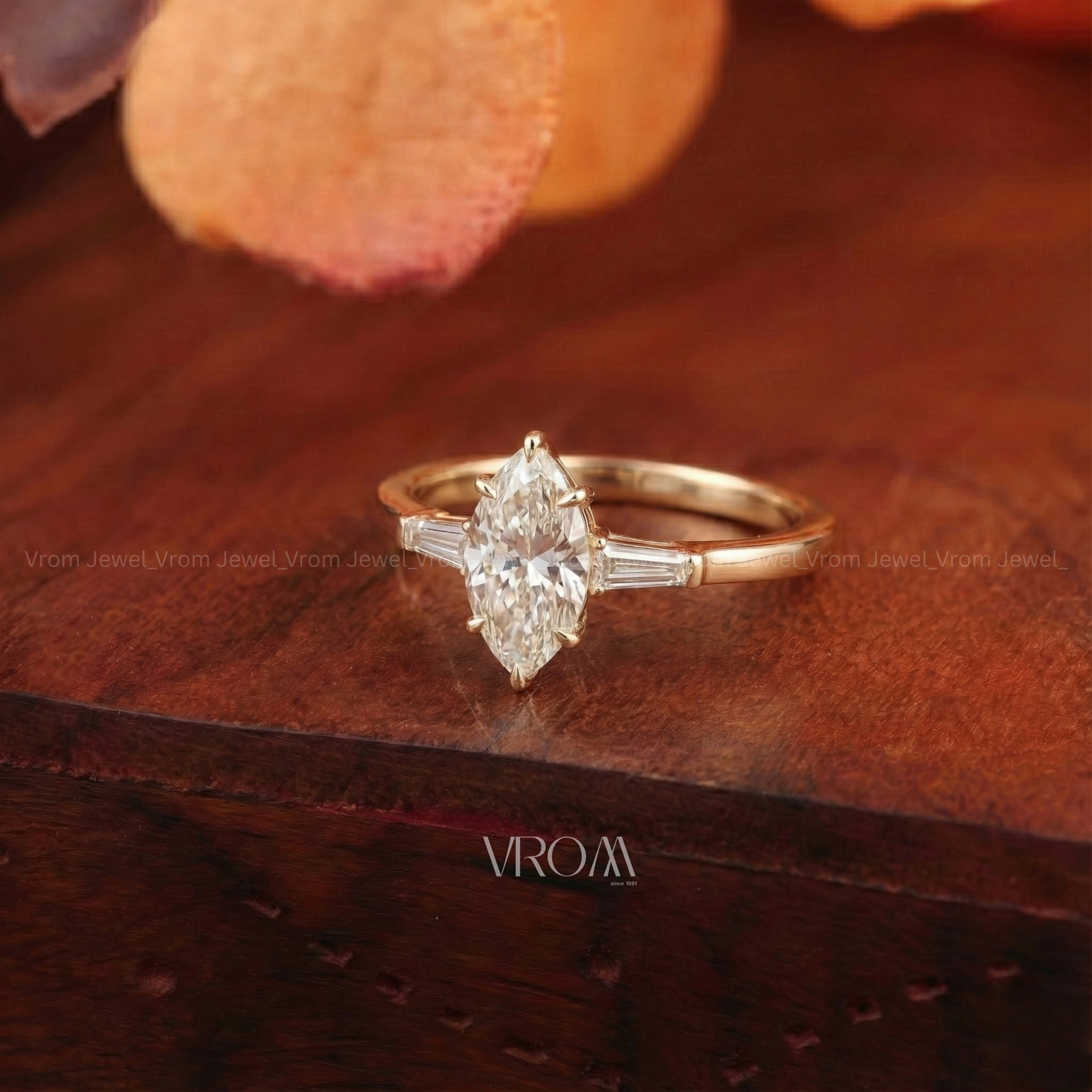 Marquise Cut 3 Stone Ring with Tapered Baguette Trio | Lab Grown Diamond | 14K Yellow Gold