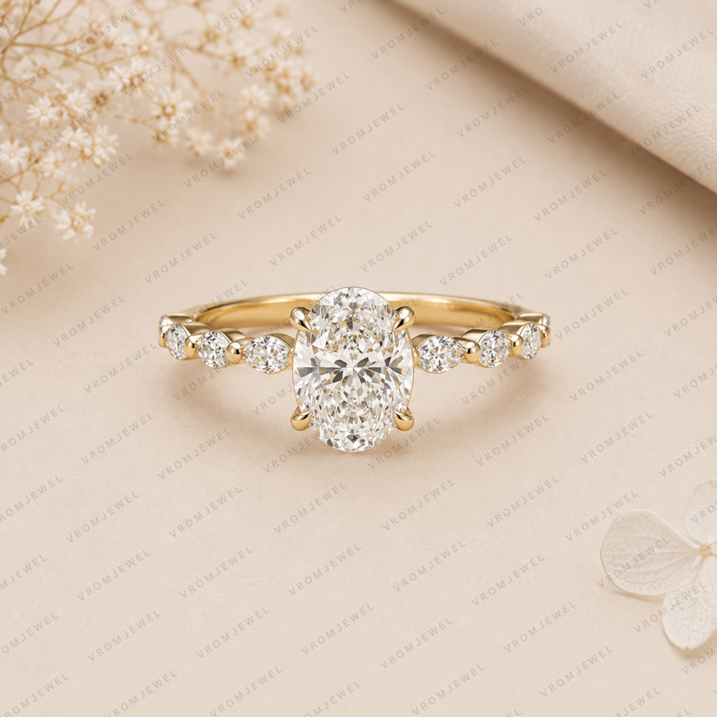 Oval Lab Grown Diamond Engagement Ring with Marquise & Round Halo in Solid 14K Gold