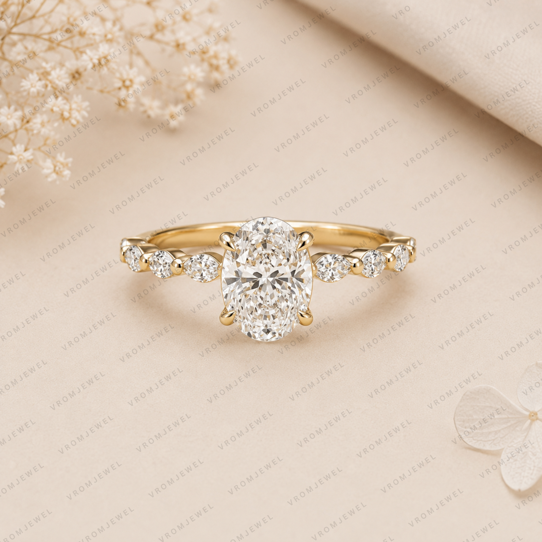 Oval Lab Grown Diamond Engagement Ring with Marquise & Round Halo in Solid 14K Gold