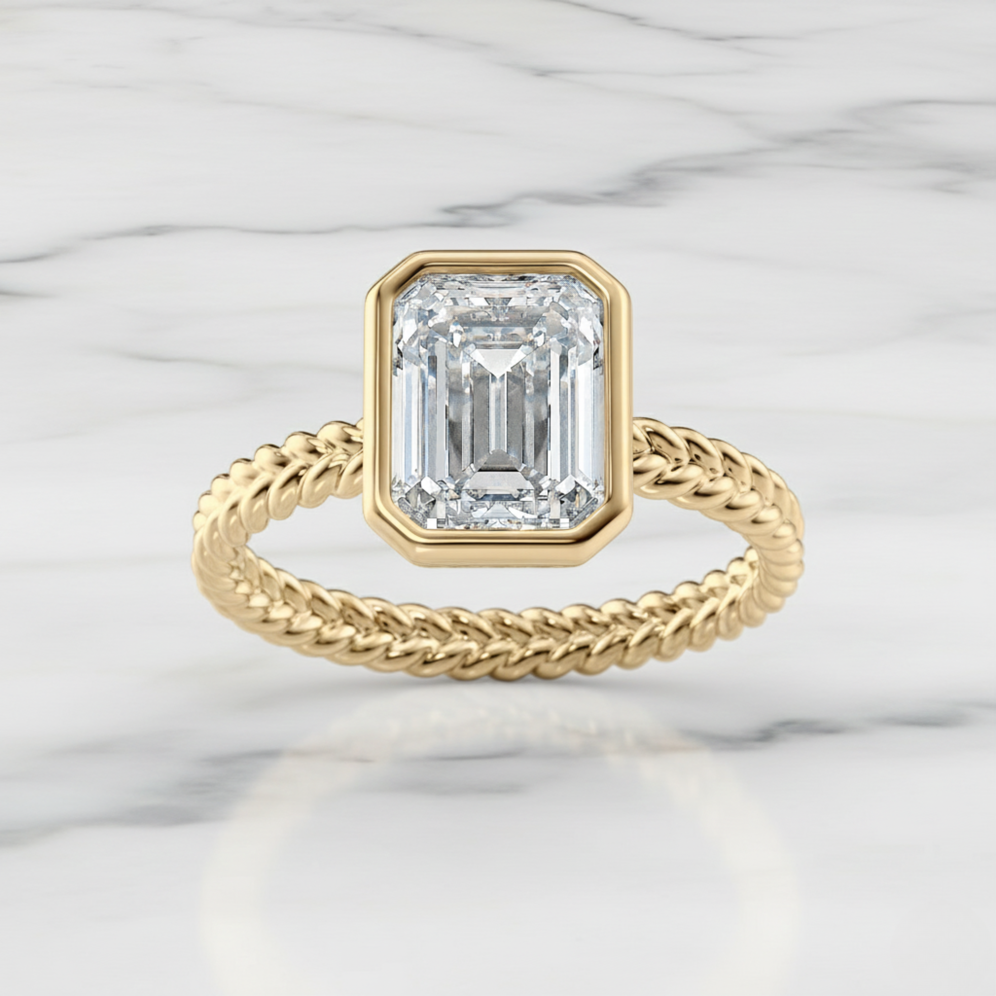 Modern Twisted Rope Emerald Cut Ring | Lab Grown Diamond | 14K Yellow Gold Classic Style