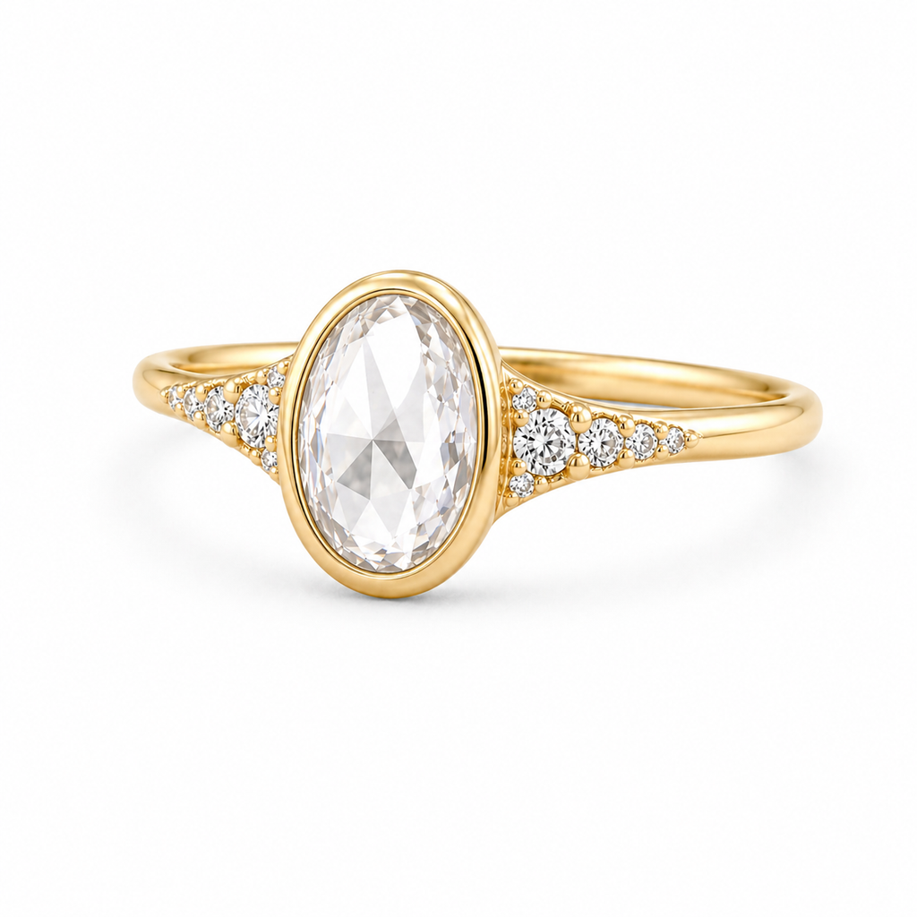 Oval Rose Cut Lab Grown Diamond Ring | 1 CT | Bezel Setting | Graduated Side Accents | Art Deco Vintage Engagement Ring | 14K Gold
