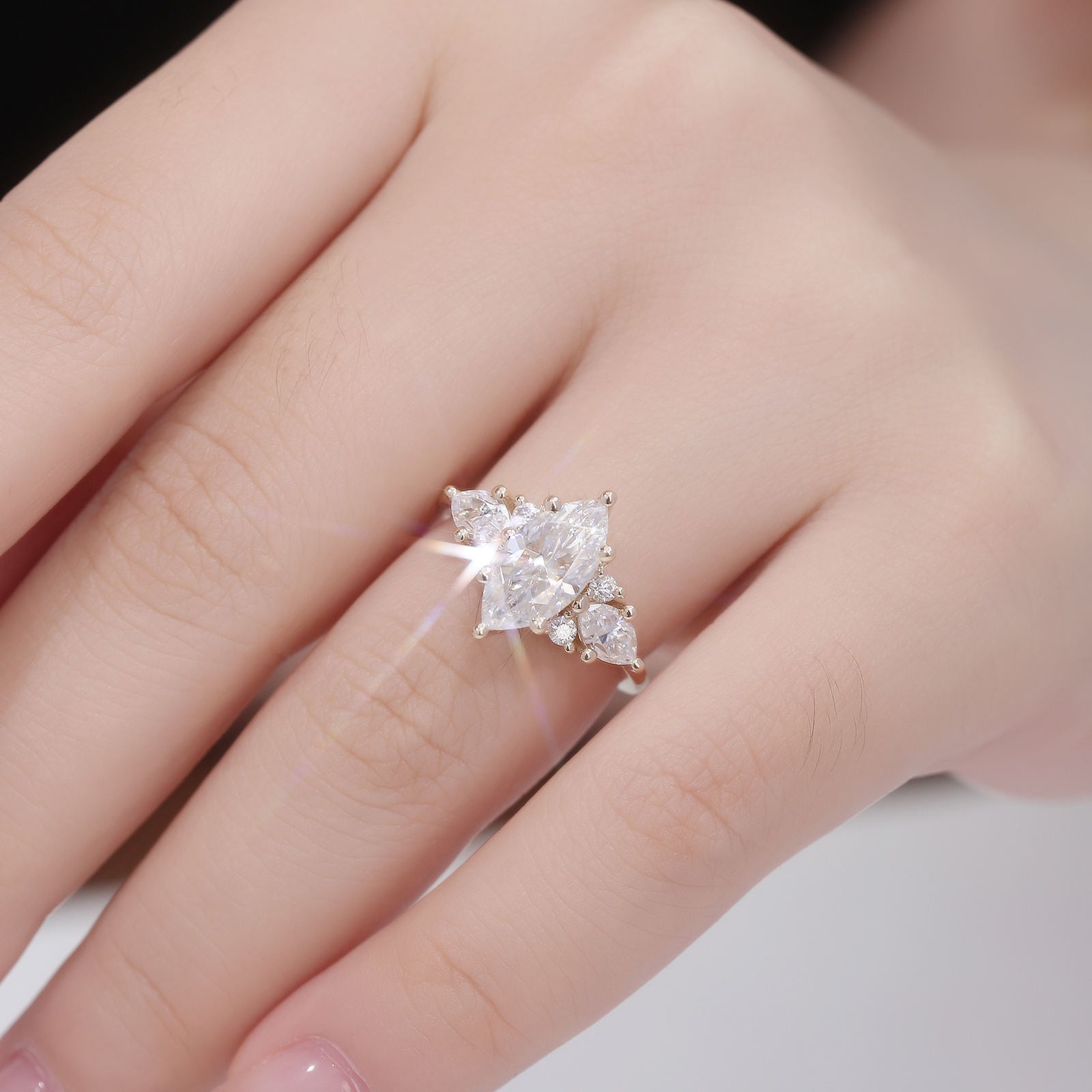 Modern Marquise Solitaire Ring with Side Accent Diamonds | Lab Grown Diamond | 14K Yellow Gold