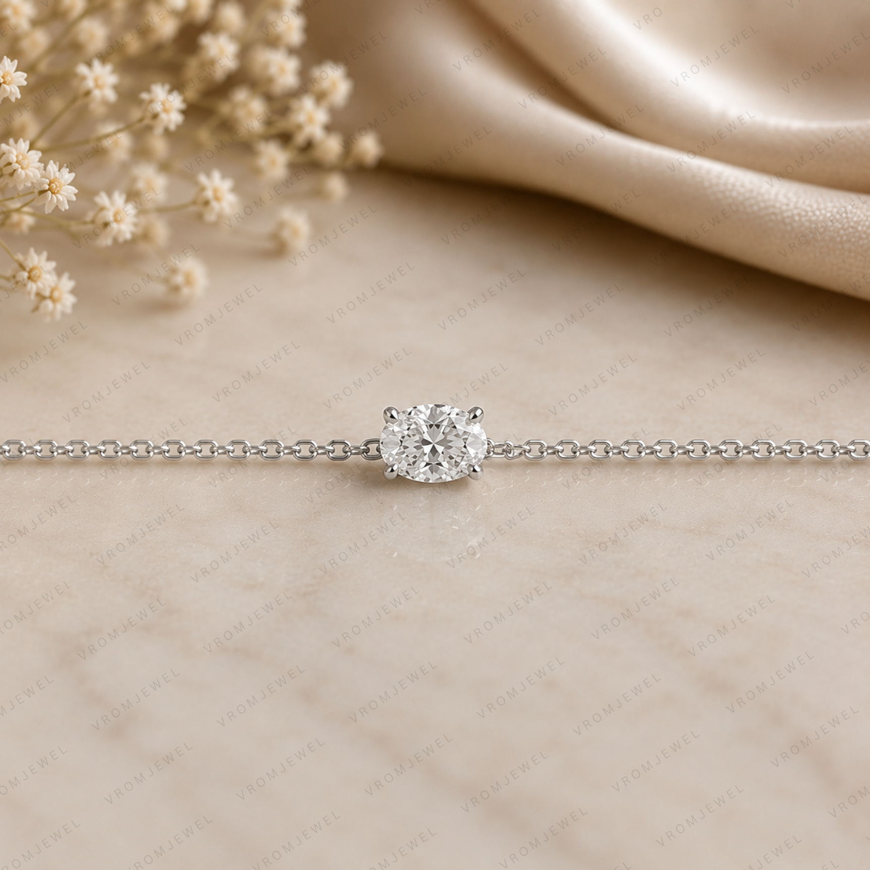 Minimalist Oval Lab Grown Diamond Solitaire Bracelet in Solid 14K Gold