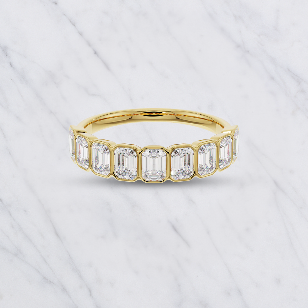 Emerald Cut Lab Grown Diamond Bezel Set Wedding Band in Solid 14K Gold