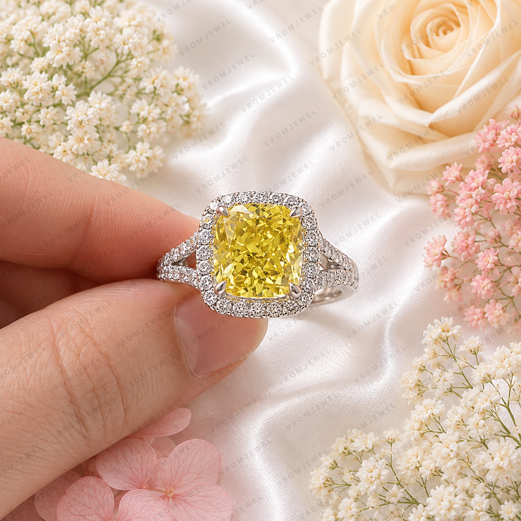 3.00 Carat Yellow Cushion Lab Grown Diamond Ring, Yellow Diamond Engagement Ring, Diamond Halo Ring, Pavé Band, Statement Ring, 10K 14K 18K