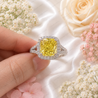 3.00 Carat Yellow Cushion Lab Grown Diamond Ring, Yellow Diamond Engagement Ring, Diamond Halo Ring, Pavé Band, Statement Ring, 10K 14K 18K
