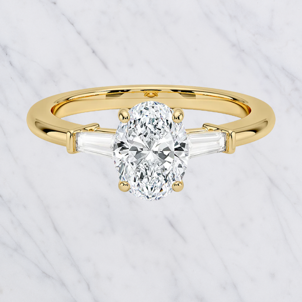 Oval Engagement Ring | Lab Grown Diamond | Tapered Baguette Side Stones | 14K Yellow Gold