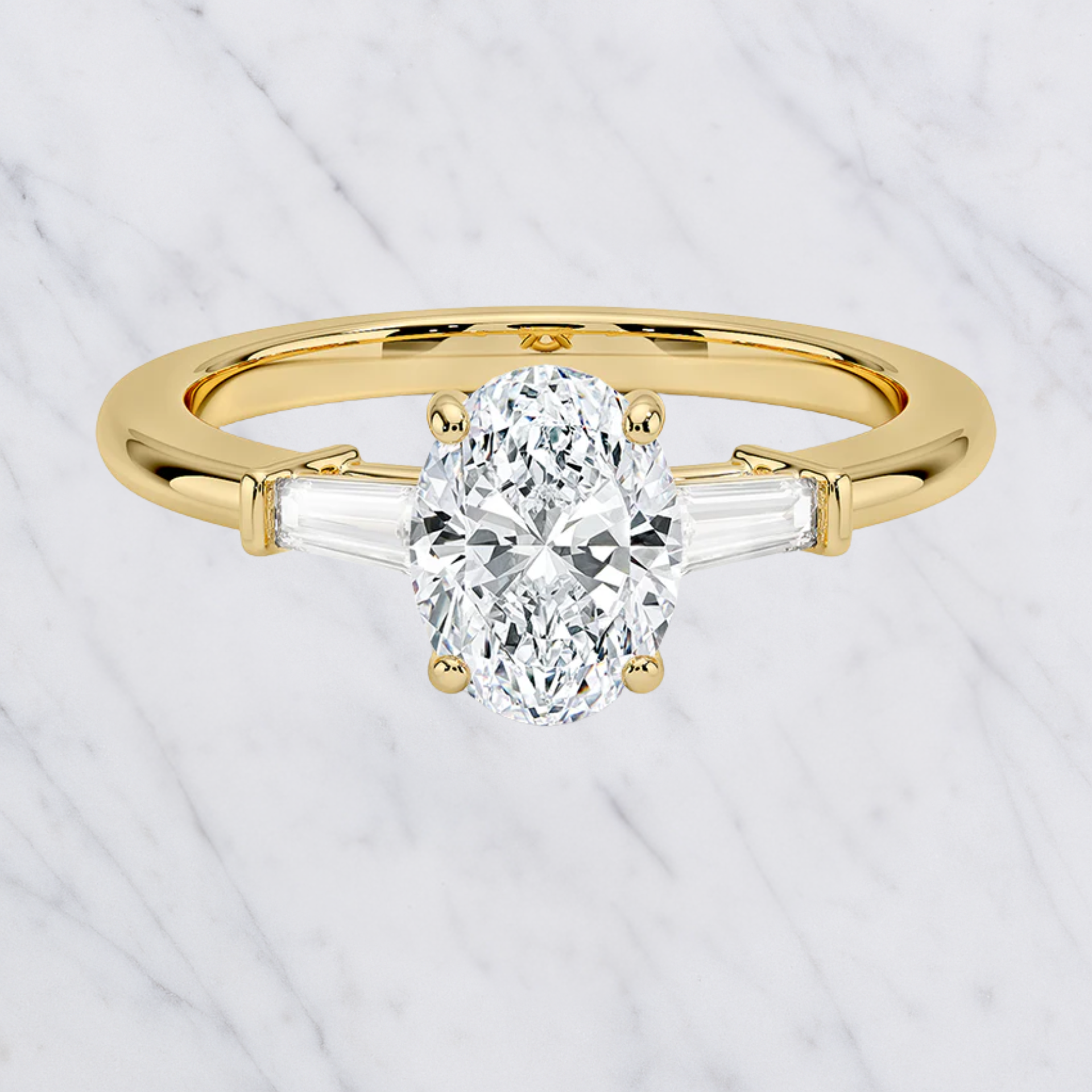 Oval Engagement Ring | Lab Grown Diamond | Tapered Baguette Side Stones | 14K Yellow Gold