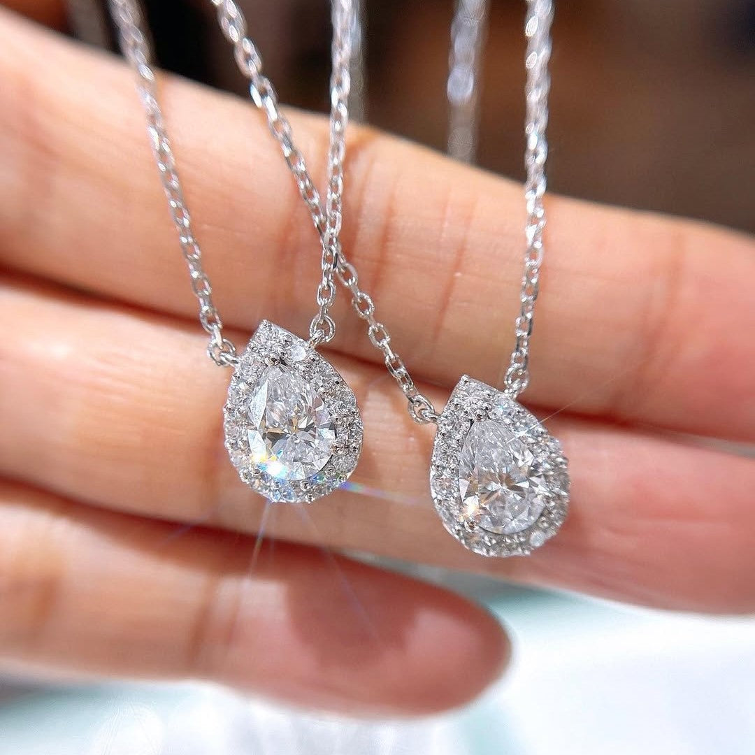 Dainty Pear Halo Pendant Necklace | Lab Grown Diamond | 14K Yellow Gold