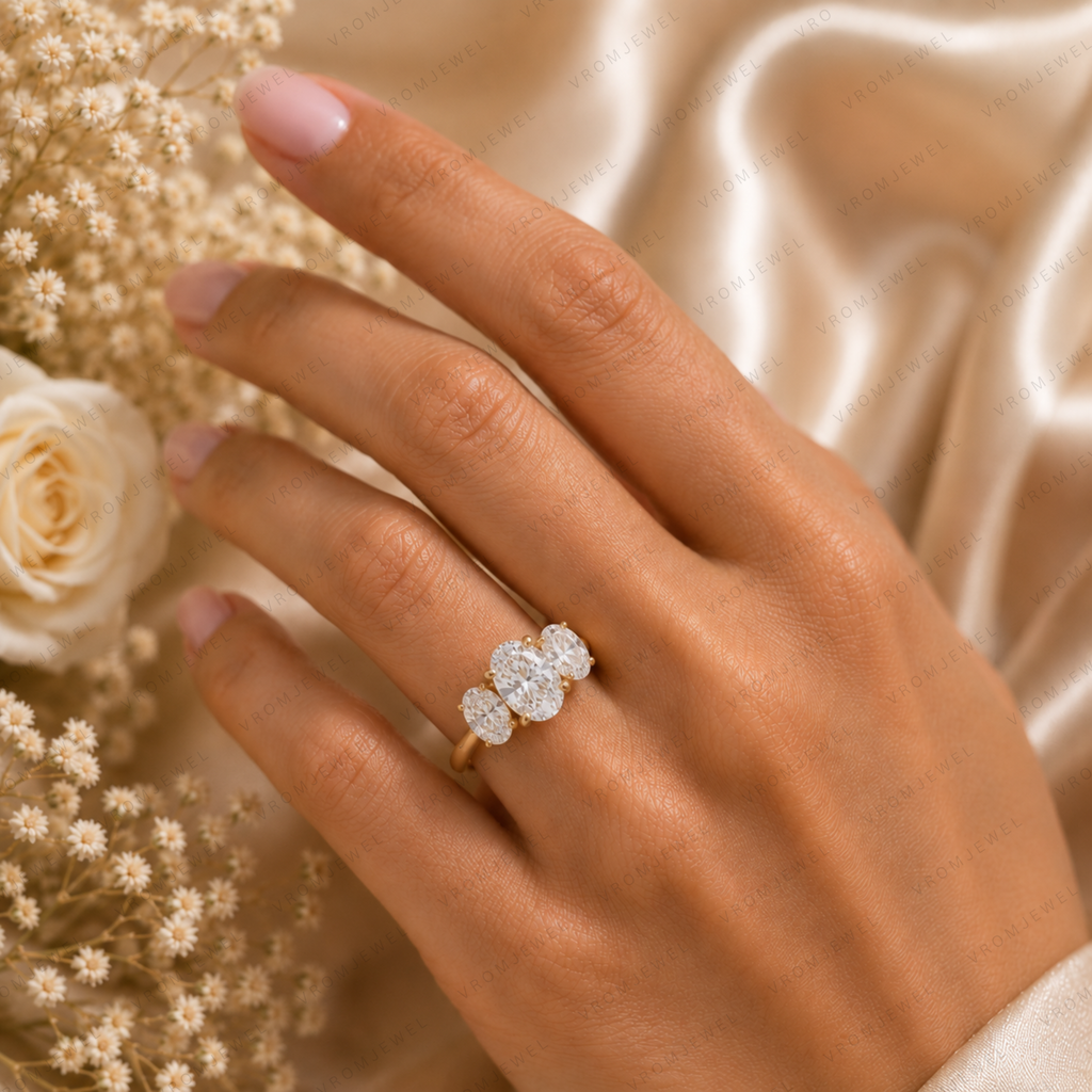 Three Stone Oval Engagement Ring | Lab Grown Diamond | 14K Yellow Gold Classic Bridal Ring