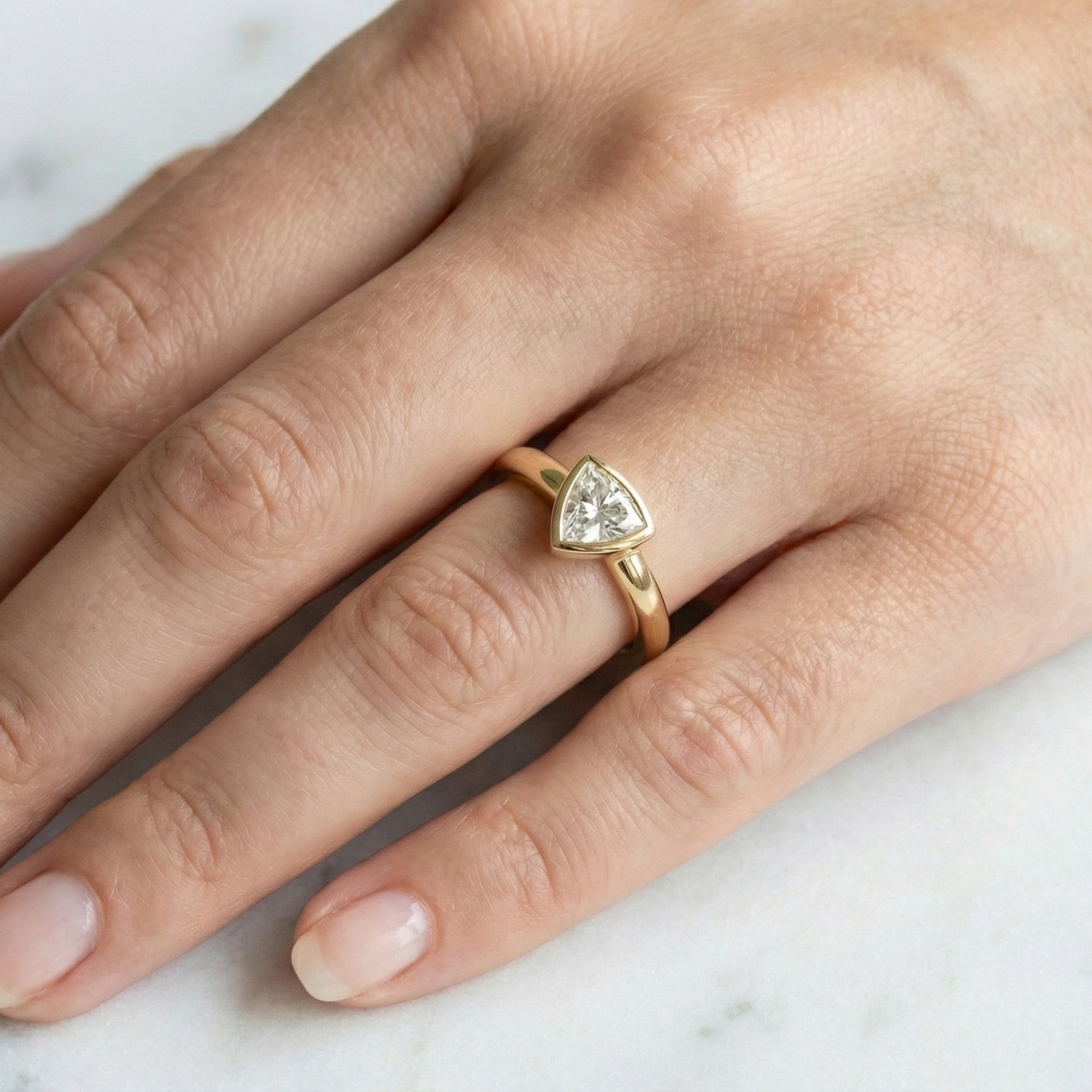 Triangle Shape Bezel Set Solitaire Ring | Lab Grown Diamond | 14K Yellow Gold