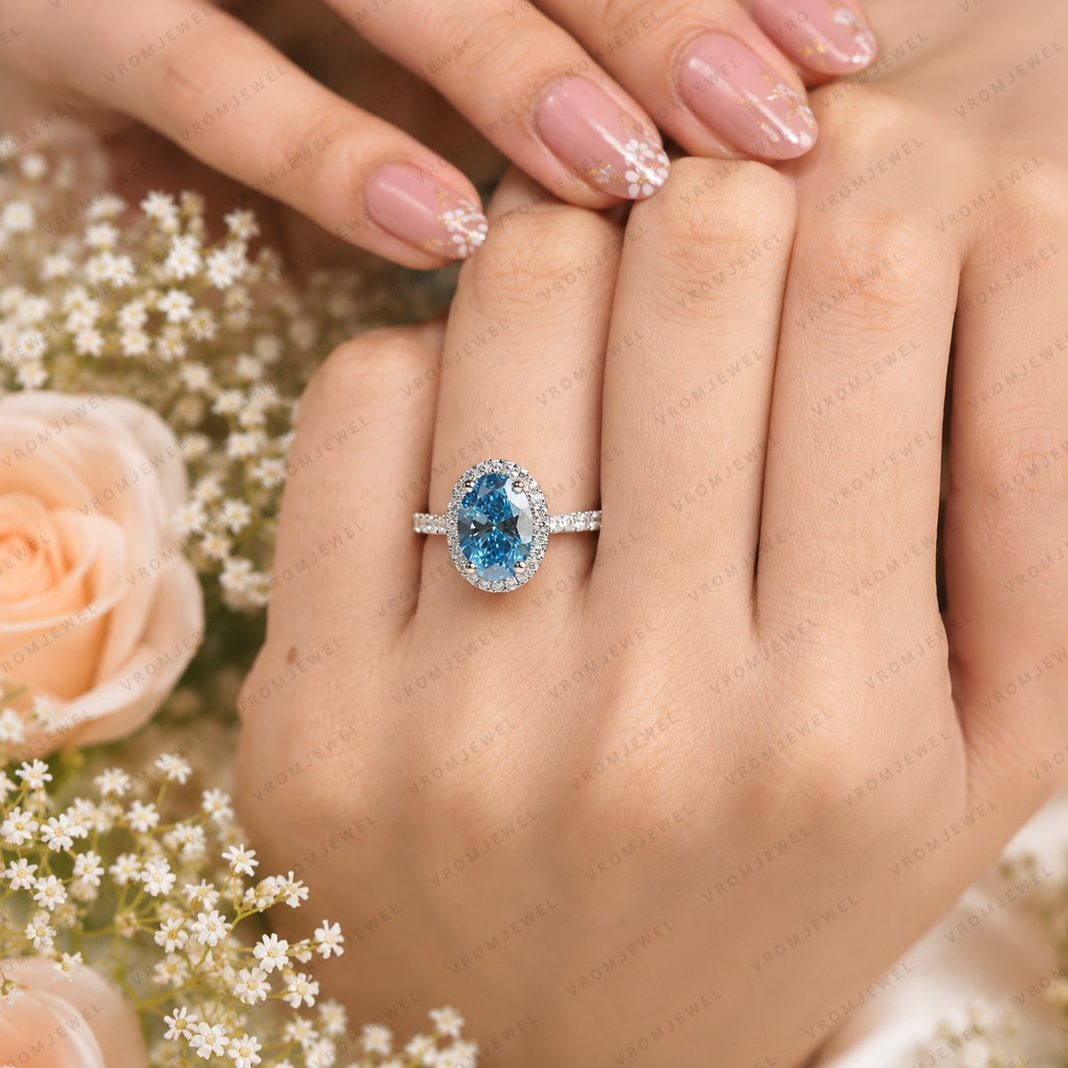 Blue Oval Lab Grown Diamond Ring, 2 Carat Blue Diamond Engagement Ring, Oval Cut Halo Ring, Pavé Diamond Halo, Classic Bridal Ring