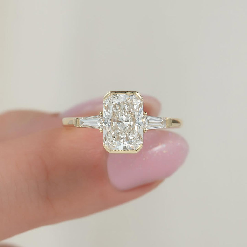 Radiant Cut 3 Stone Ring with Tapered Baguette Trio | Lab Grown Diamond | 14K Yellow Gold