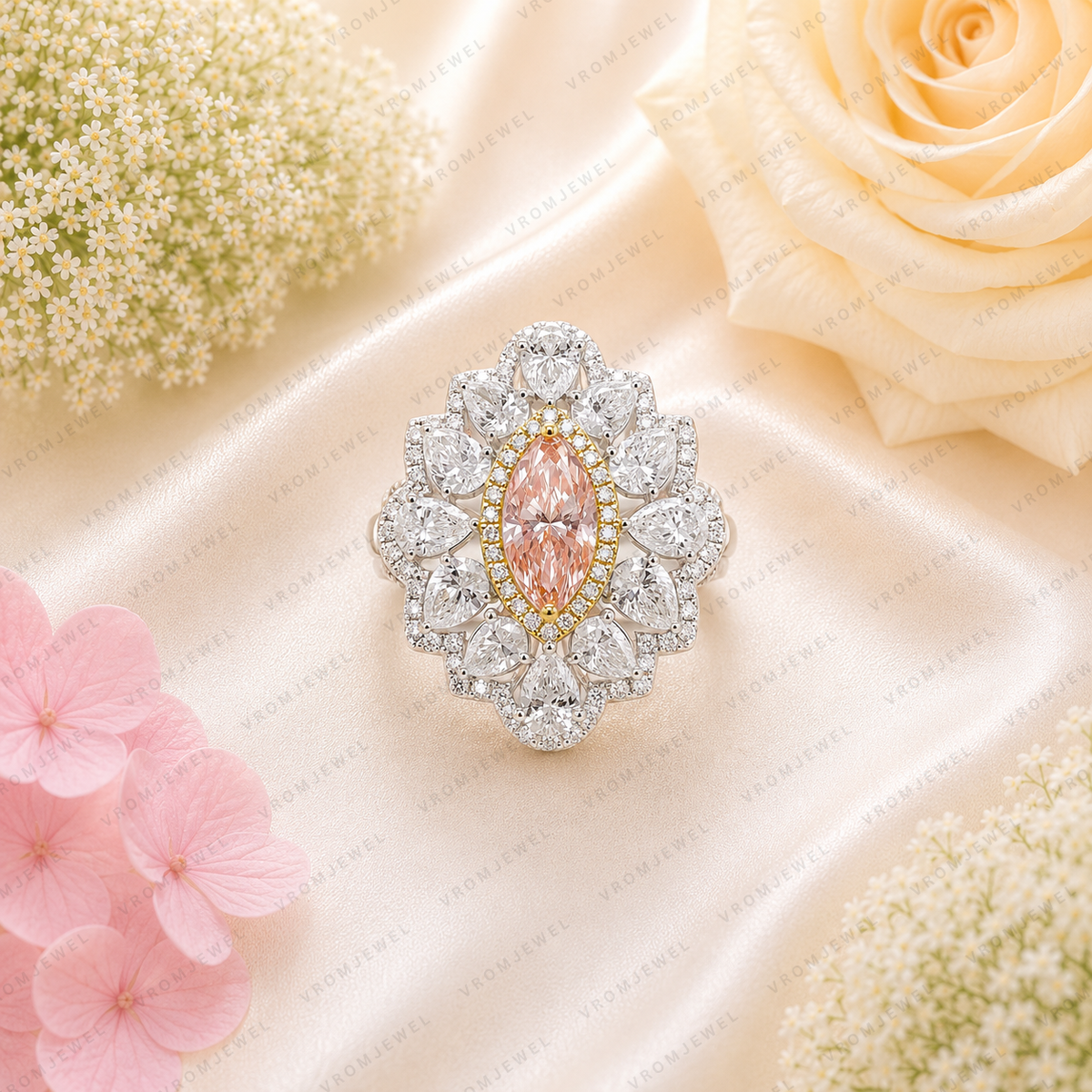 Pink Marquise Lab Grown Diamond Engagement Ring, Floral Halo Ring, Pear Shape Diamond Accents, Pink Diamond Ring, 10K 14K 18K Gold