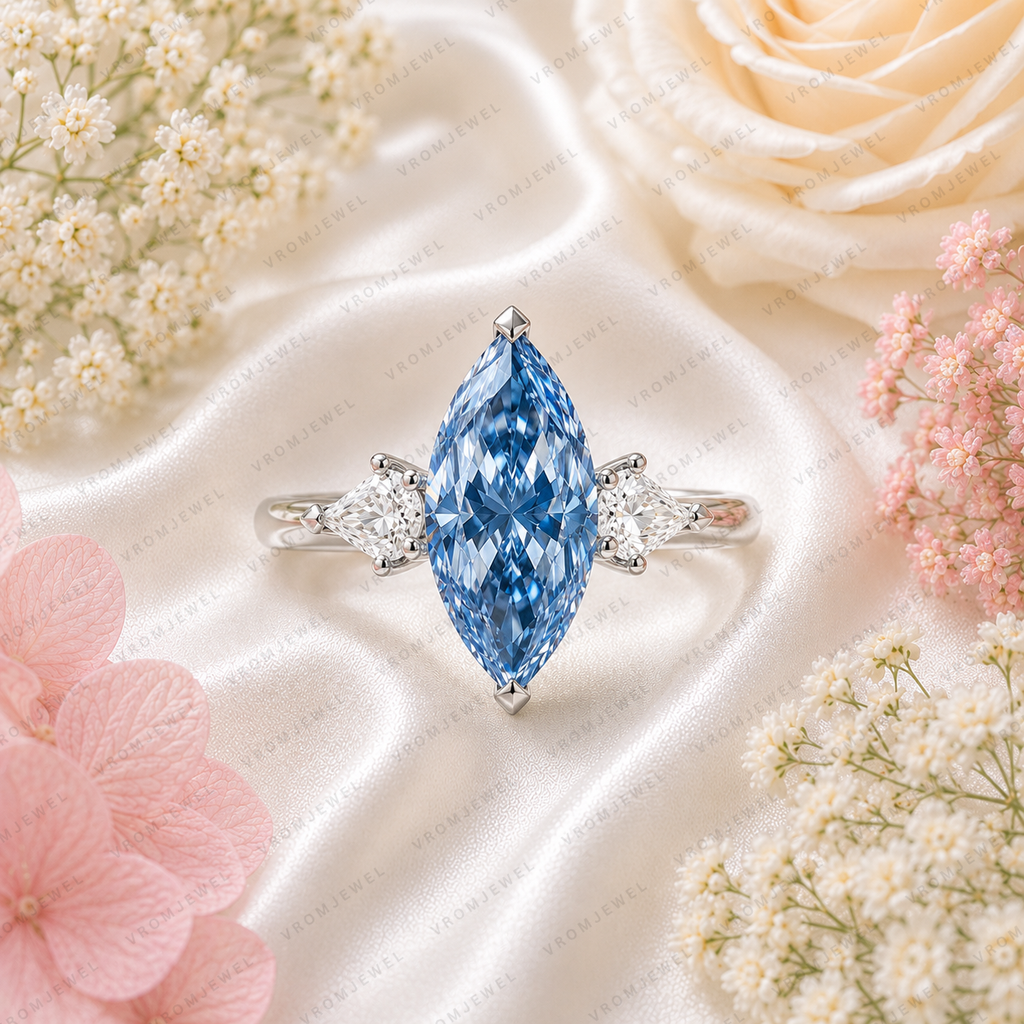 8 Carat Blue Marquise Lab Grown Diamond Ring, Blue Diamond Engagement Ring, Pear Shape Diamond Accents, Unique Statement Ring, 10K 14K 18K