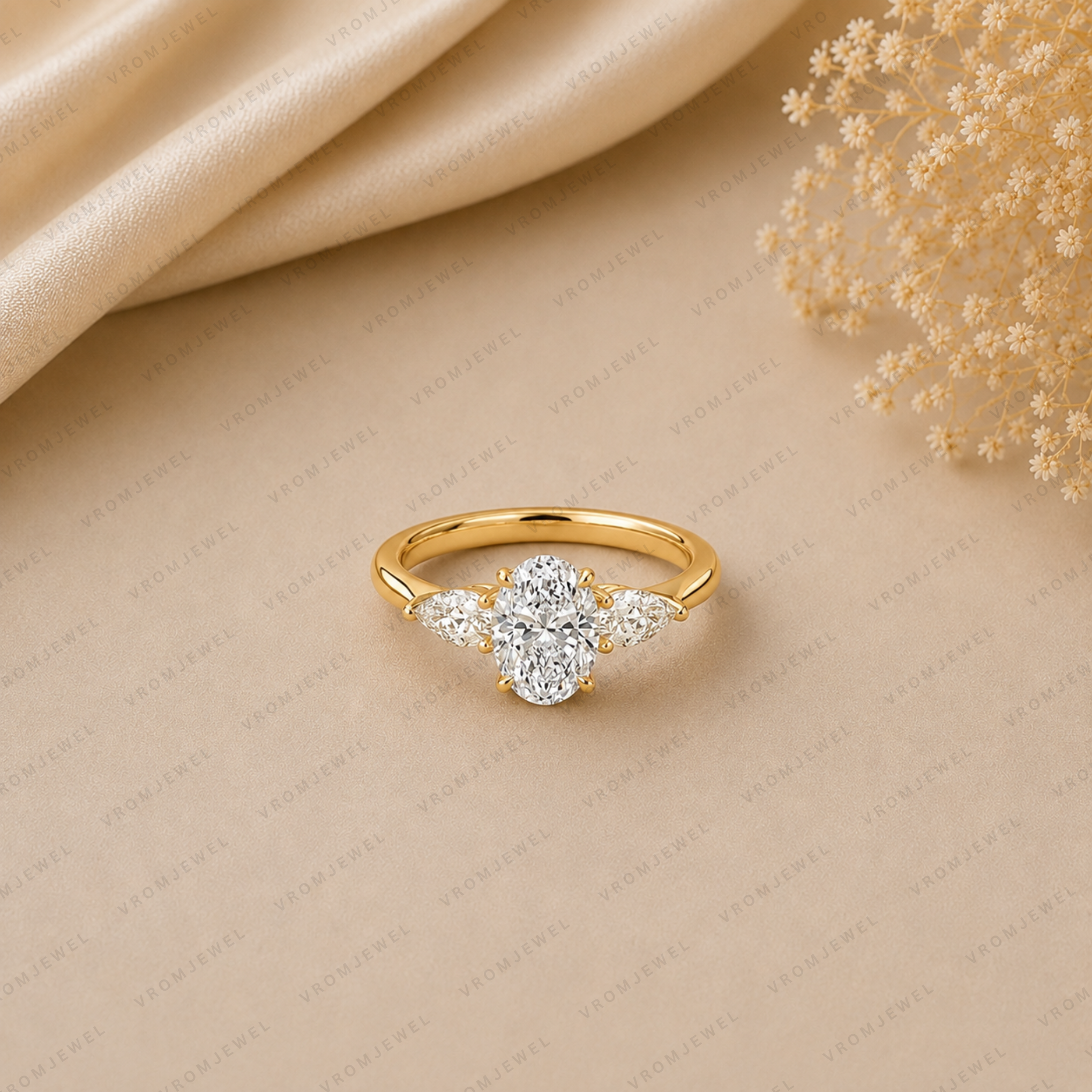 Oval Engagement Ring | Lab Grown Diamond | Pear Side Stones | Prong Set | 14K Yellow Gold