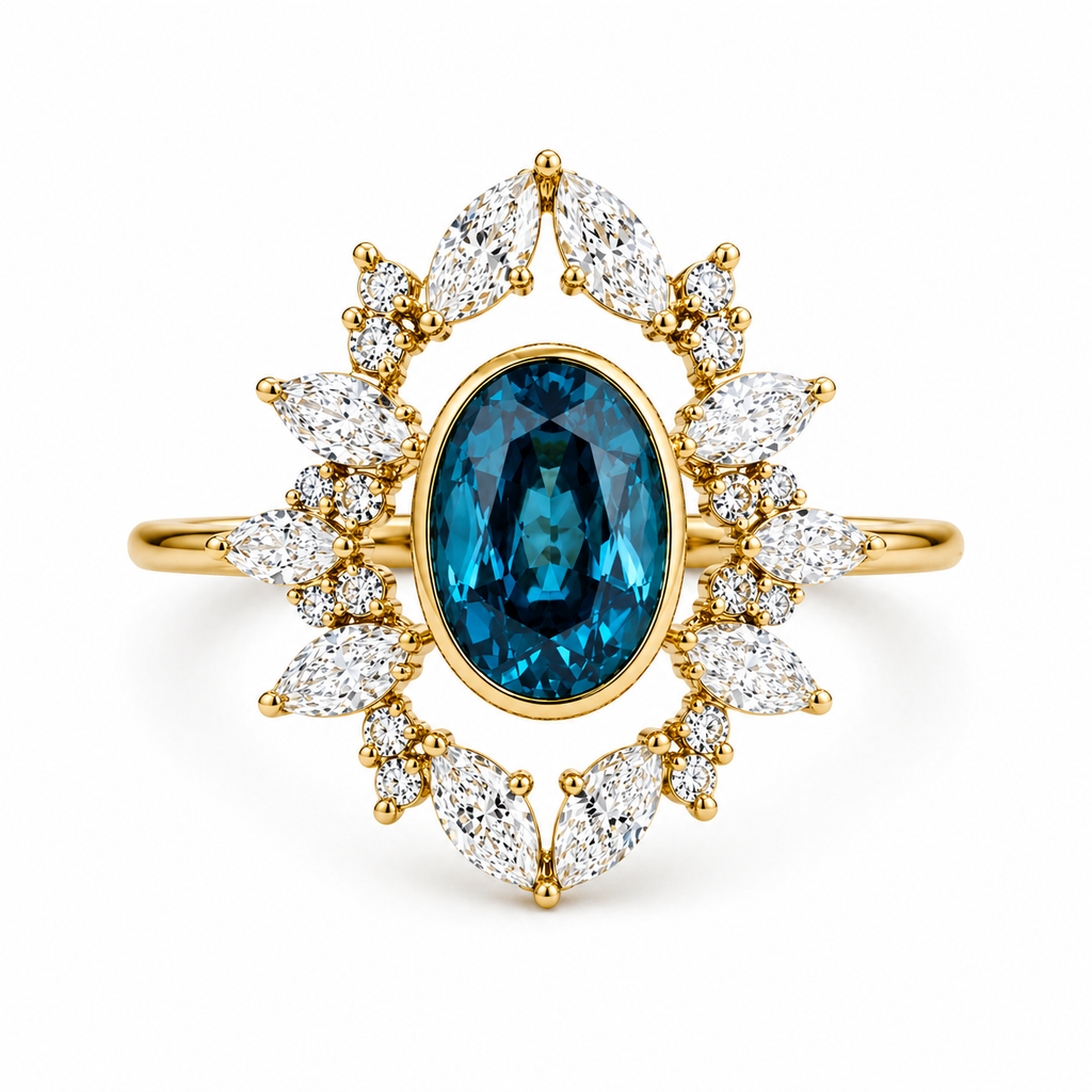 London Blue Topaz Nature Inspired Ring | 3.5 CT Oval Gemstone | Marquise & Round Diamond Halo | Vintage Floral Ring | 14K Gold