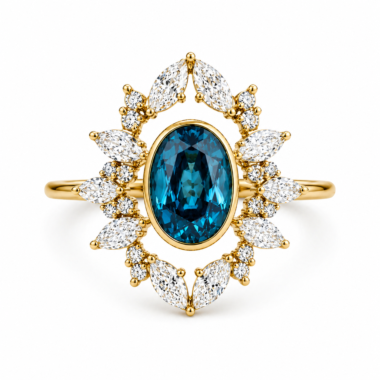 London Blue Topaz Nature Inspired Ring | 3.5 CT Oval Gemstone | Marquise & Round Diamond Halo | Vintage Floral Ring | 14K Gold