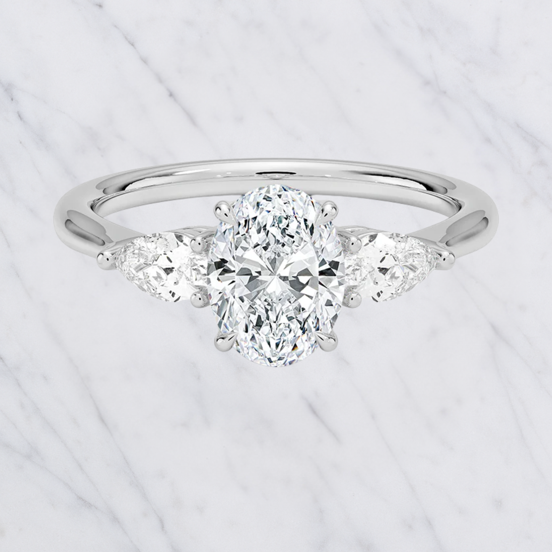 Oval Engagement Ring | Lab Grown Diamond | Pear Side Stones | Prong Set | 14K Yellow Gold