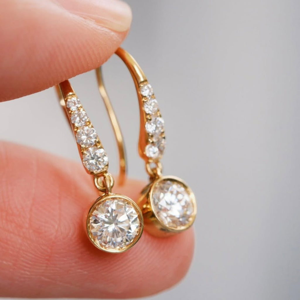 Drop Earrings Bezel Set Dangle | Lab Grown Diamond | 14K Yellow Gold Art Deco Style