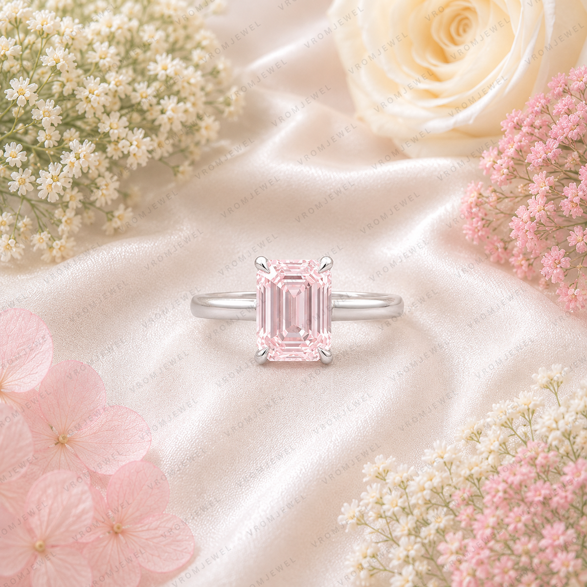 Pink Emerald Cut Lab Grown Diamond Engagement Ring, Minimalist Solitaire Ring, Pink Diamond Ring, 4 Prong Setting, 10K 14K 18K Gold