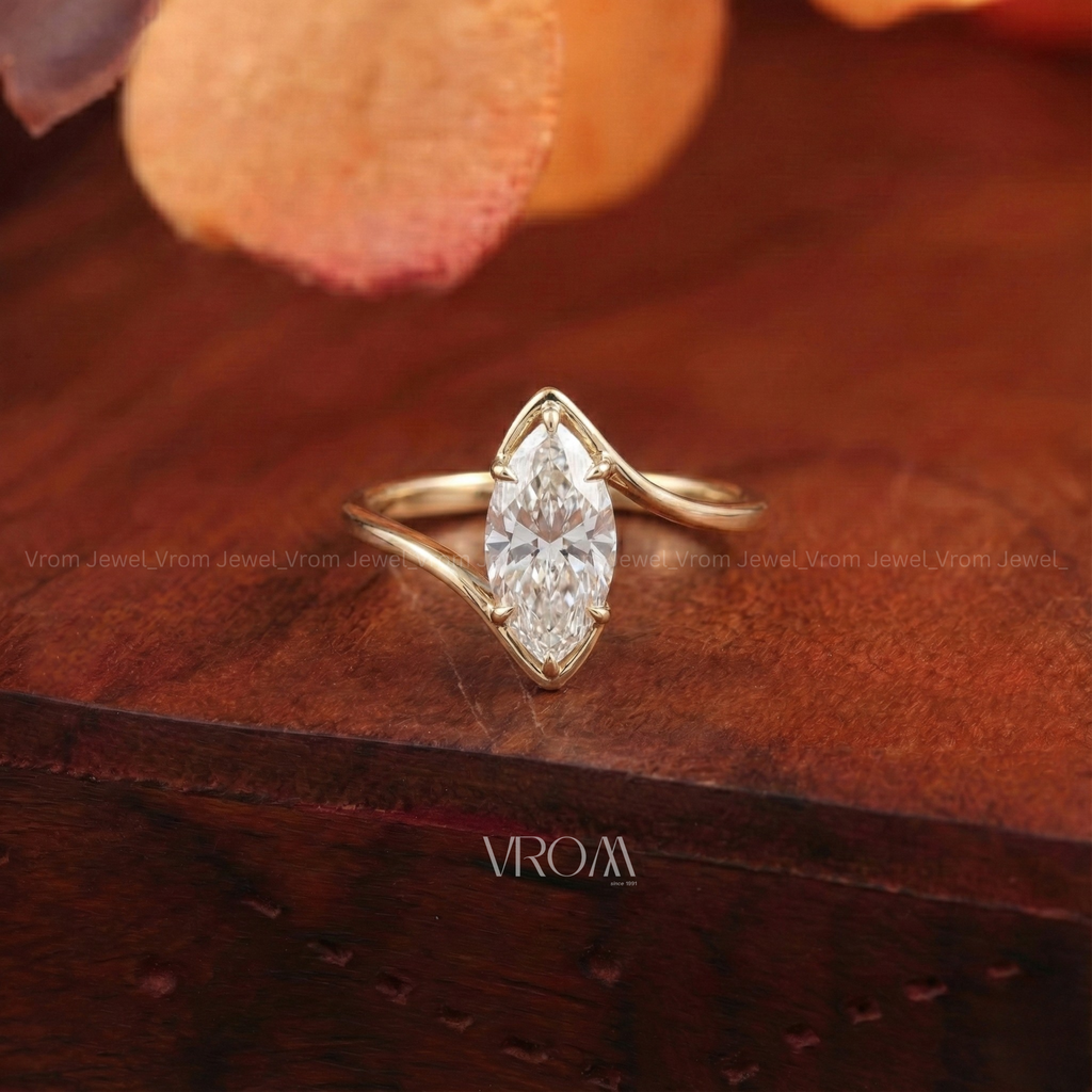 Marquise Solitaire Bypass Promise Ring | Lab Grown Diamond | 14k Yellow Gold