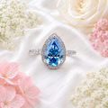 Blue Pear Shape Lab Grown Diamond Ring, 3 Carat Blue Diamond Engagement Ring, Pear Cut Halo Ring, Pavé Diamond Band, Blue Bridal Ring