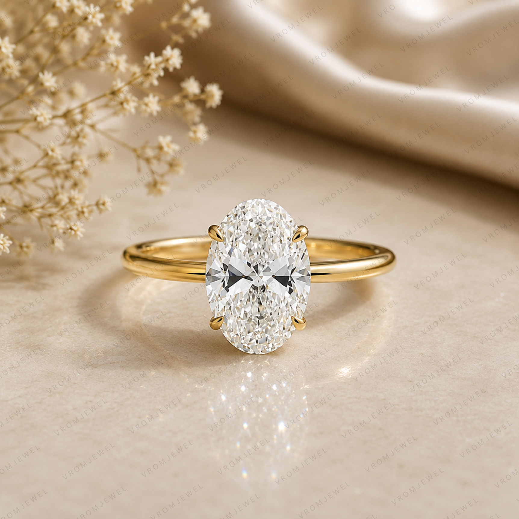 Oval Lab Grown Diamond Solitaire Ring in Handmade Solid 14K Gold