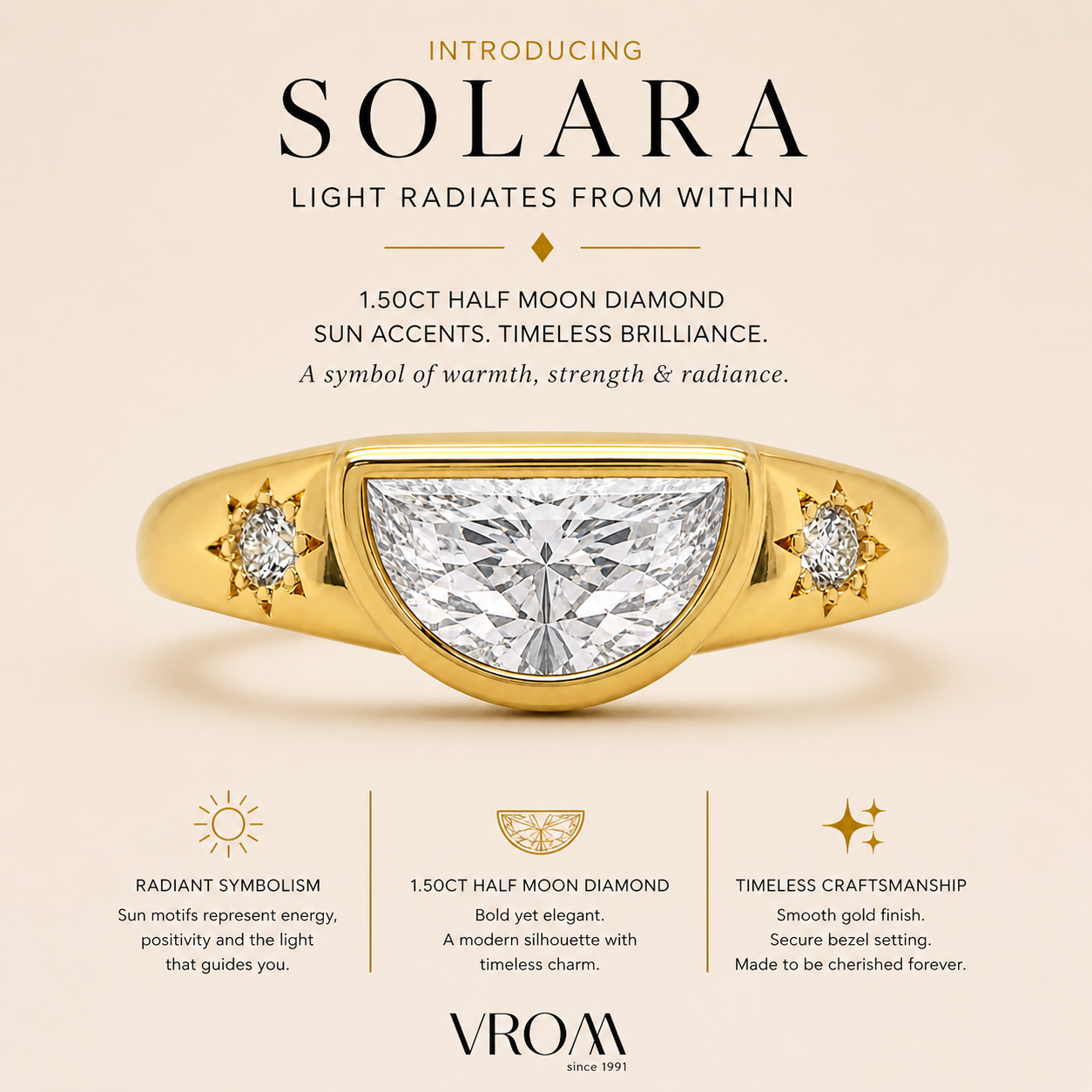 Half Moon Diamond Signet Ring, Modern Lab Grown Diamond Ring, Geometric Gold Signet Ring, Minimal Statement Ring, Unique Diamond Ring
