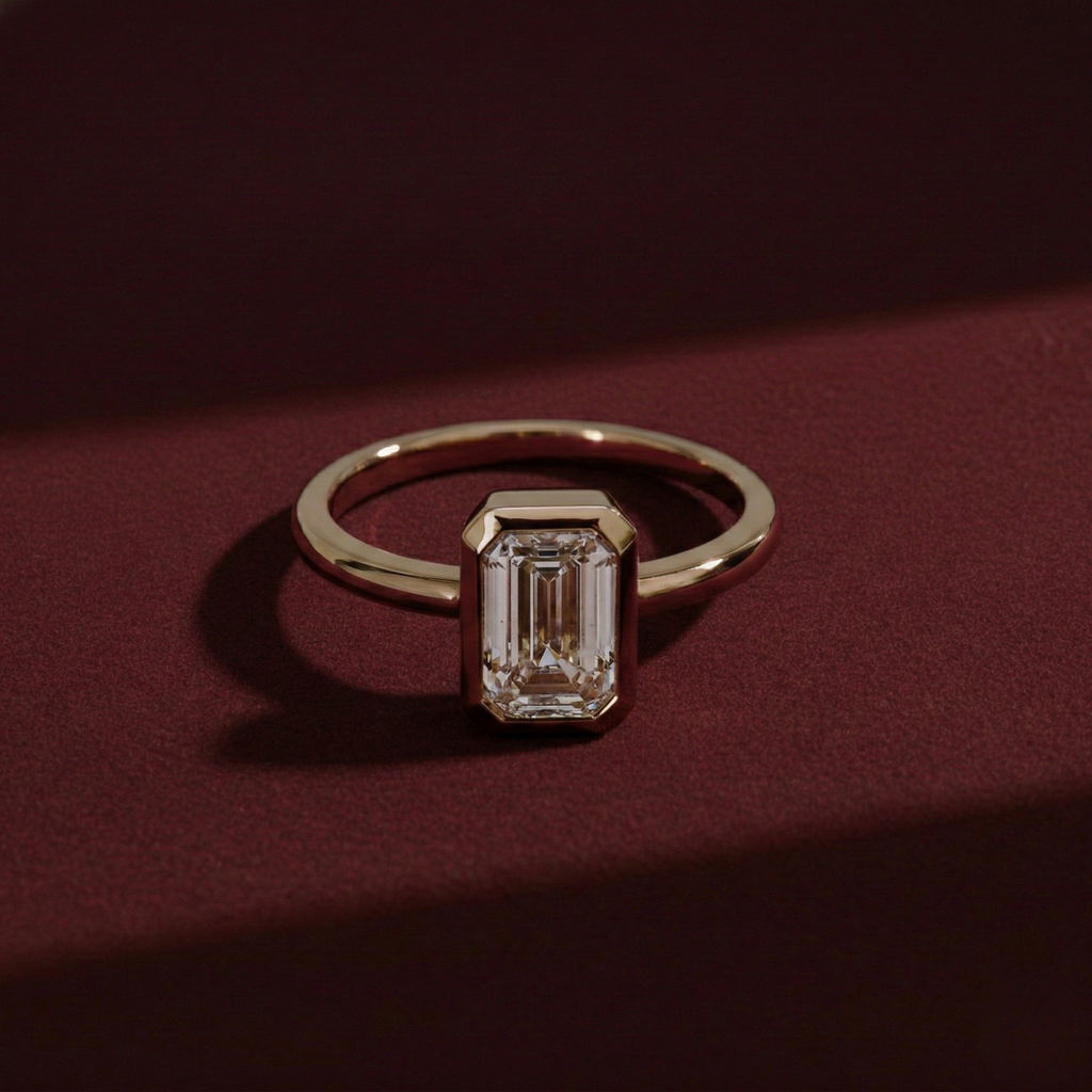 Emerald Cut Lab Grown Diamond Ring, Bezel Set Solitaire Engagement Ring, 14K Yellow Gold Minimalist Ring, IGI Certified Diamond Ring