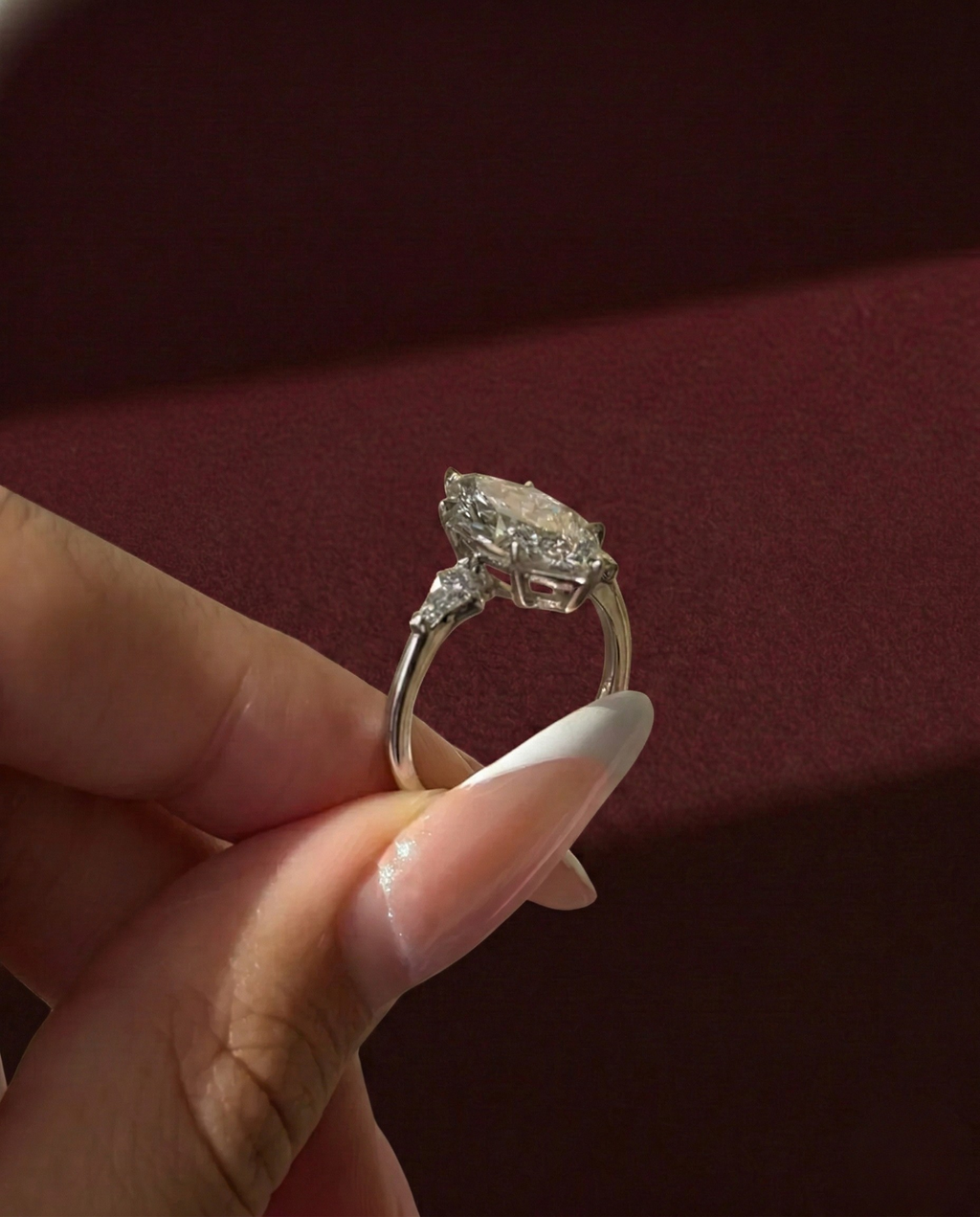 Marquise Lab Grown Diamond Engagement Ring, Marquise Diamond Ring with Kite Side Stones, 3 Carat Diamond Ring, Unique Three Stone Ring