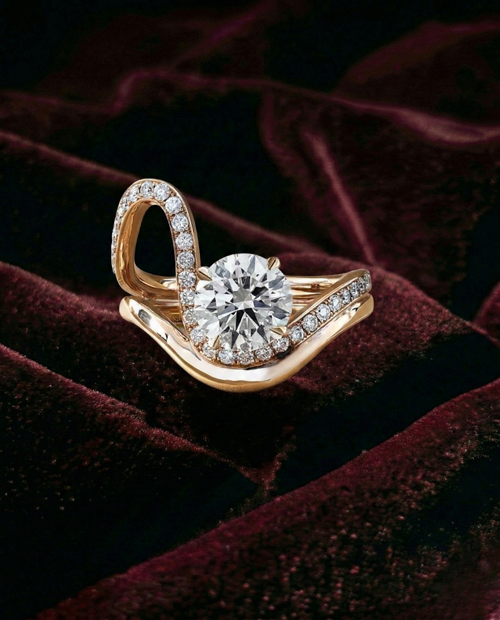 Round Lab Grown Diamond Engagement Ring, Twisted Pavé Diamond Ring, 14K Gold Infinity Style Ring, Unique Halo Diamond Ring