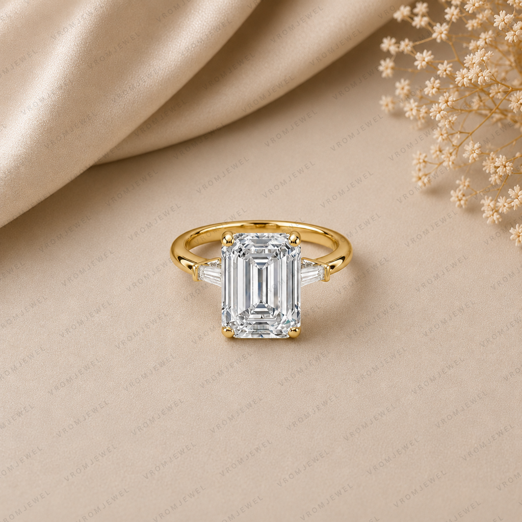 Emerald Cut Lab Grown Diamond Engagement Ring with Tapered Baguette Accents