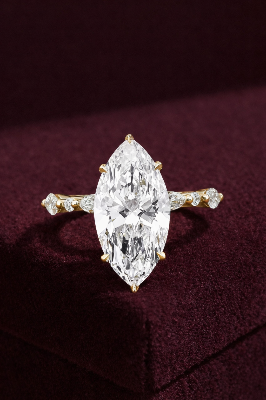 Marquise Diamond Engagement Ring, Marquise Cut Diamond Ring with Marquise & Round Side Stones, Unique Marquise Solitaire Engagement Ring