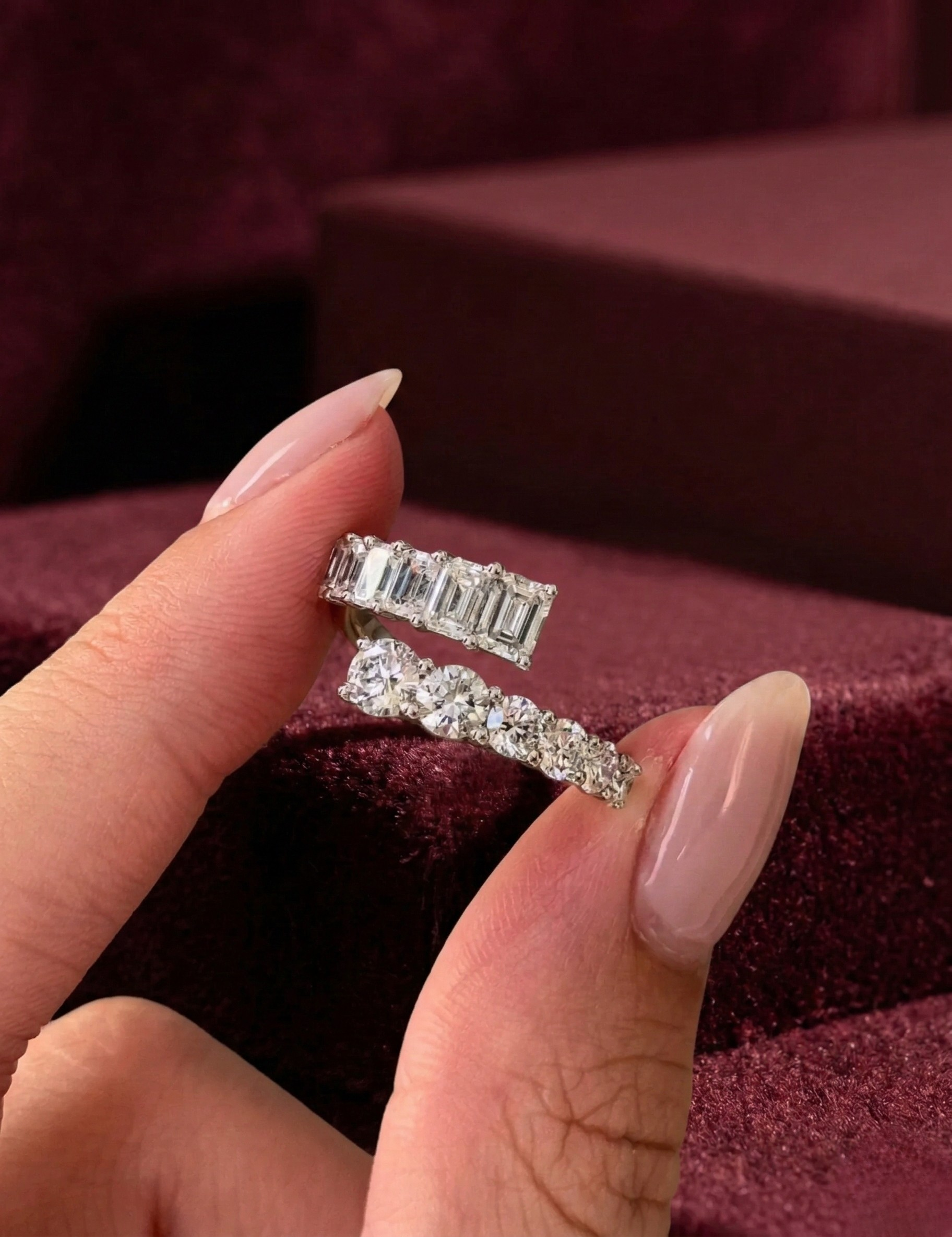 Graduated Round & Emerald Lab Grown Diamond Twist Ring, Bypass Diamond Ring, 2.20 Carat Diamond Statement Ring, Unique Engagement Ring